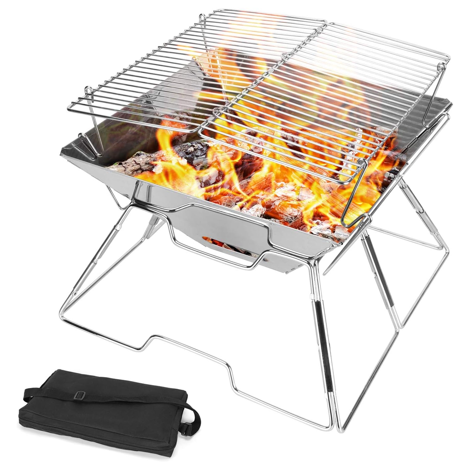 Foyer de camping repliable Campfire Grill, barrière en acier inoxydable 304, gril de camping portatif avec sac de transport pour barbecue de