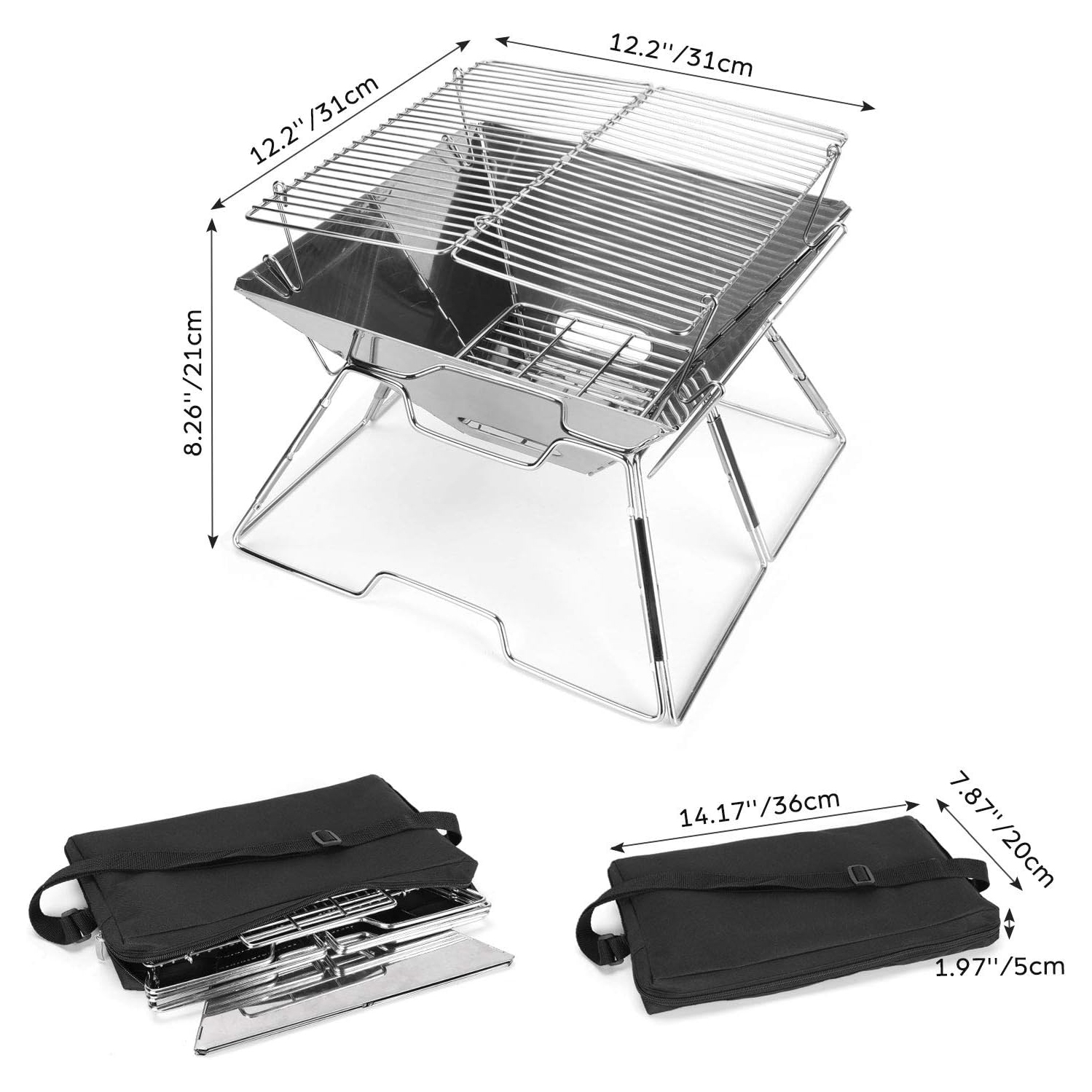 Foyer de camping repliable Campfire Grill, barrière en acier inoxydable 304, gril de camping portatif avec sac de transport pour barbecue de