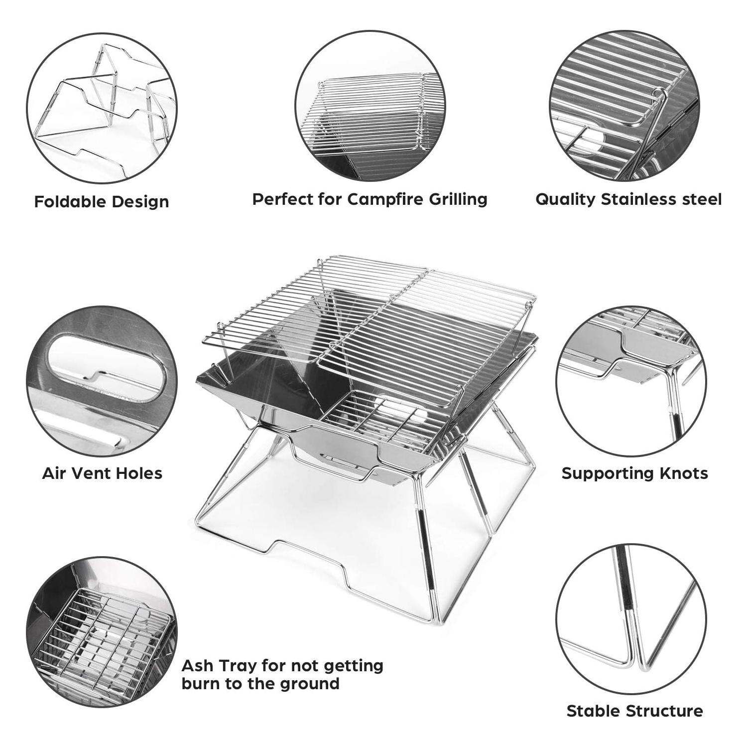 Foyer de camping repliable Campfire Grill, barrière en acier inoxydable 304, gril de camping portatif avec sac de transport pour barbecue de