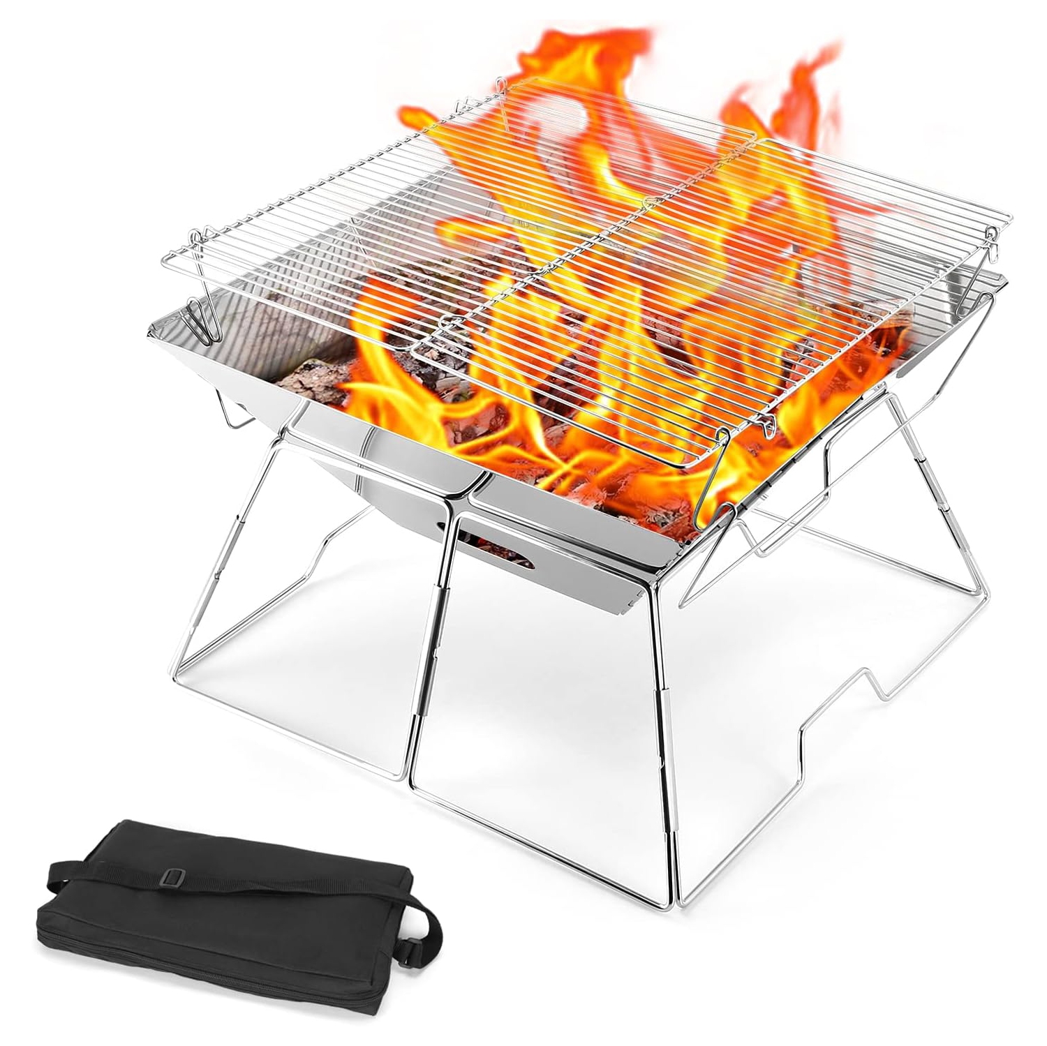 Collapsible Campfire Grill, 304 Stainless Steel Grill Gate, Portable Camping Grill with Carrying Bag for Outdoor Backpacking BBQ,17.1"x17.2"x12.2"