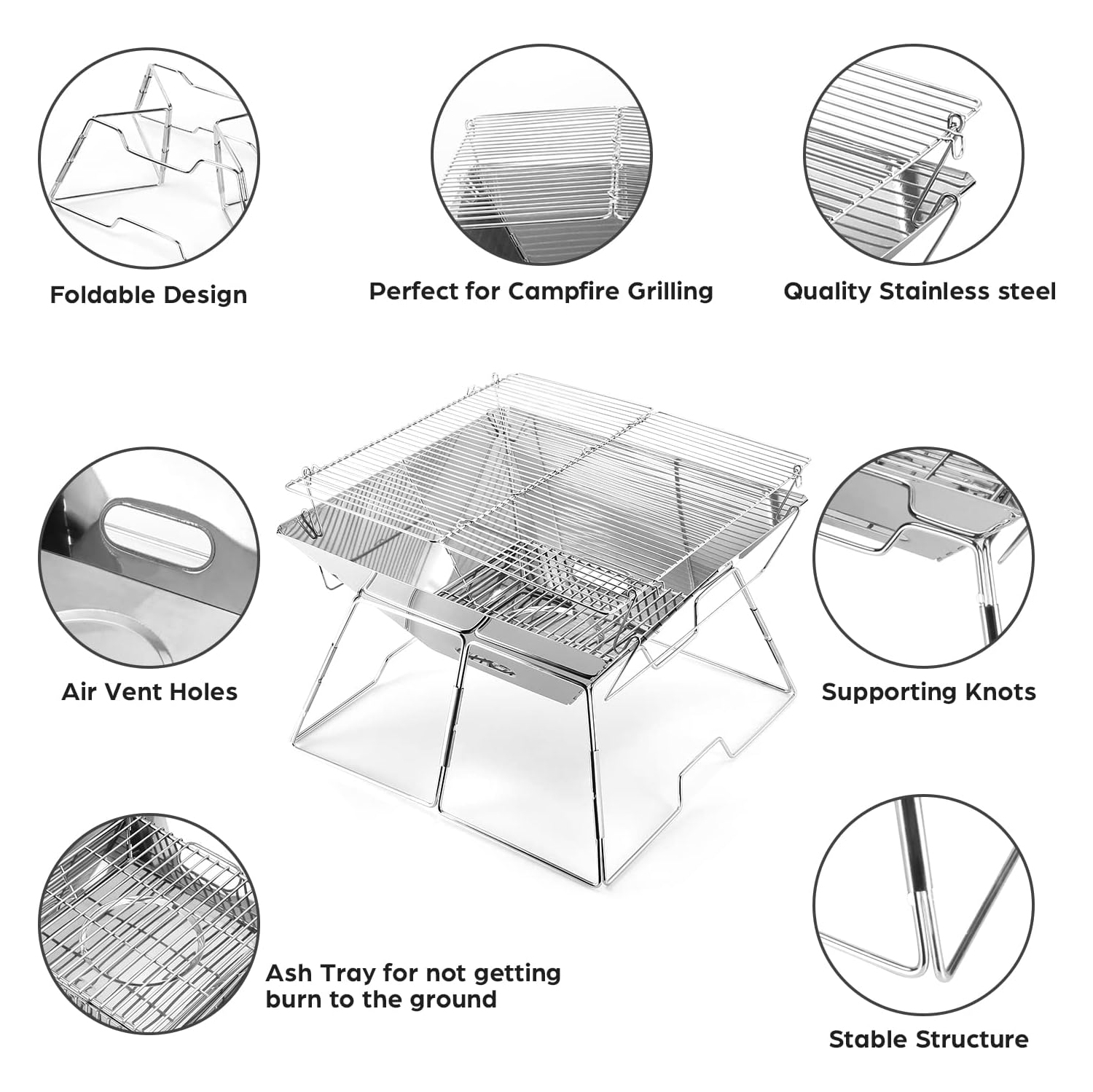 Collapsible Campfire Grill, 304 Stainless Steel Grill Gate, Portable Camping Grill with Carrying Bag for Outdoor Backpacking BBQ,17.1"x17.2"x12.2"