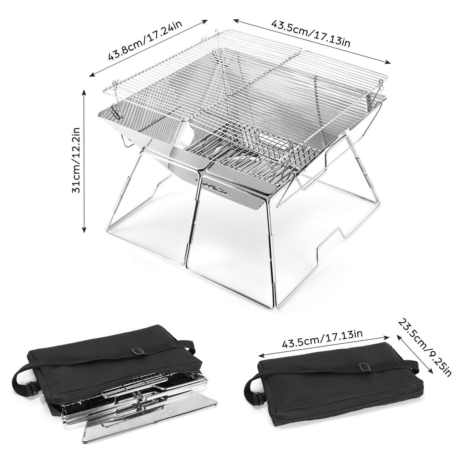Collapsible Campfire Grill, 304 Stainless Steel Grill Gate, Portable Camping Grill with Carrying Bag for Outdoor Backpacking BBQ,17.1"x17.2"x12.2"