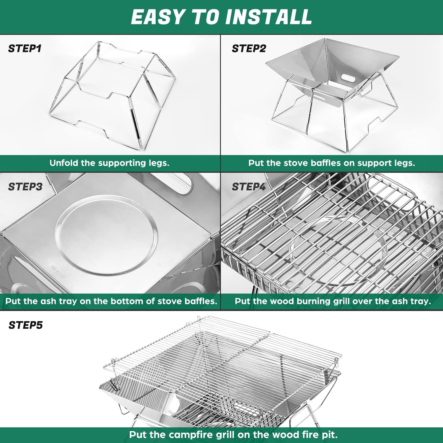 Collapsible Campfire Grill, 304 Stainless Steel Grill Gate, Portable Camping Grill with Carrying Bag for Outdoor Backpacking BBQ,17.1"x17.2"x12.2"