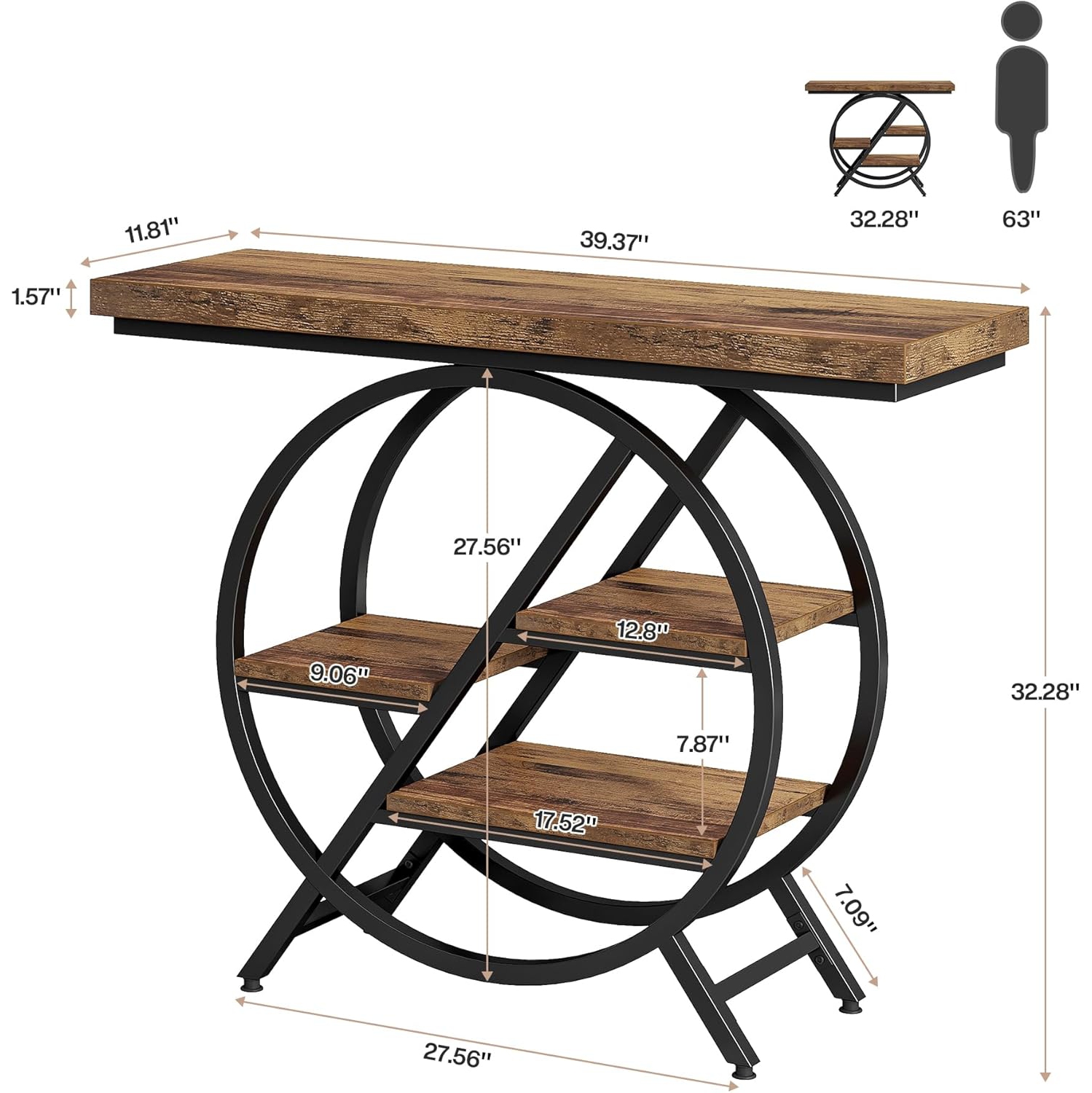 Table console Tribesigns, table d'entrée 39,4&nbsp;po avec dessus épais, table de canapé industrielle étroite à 4 niveaux