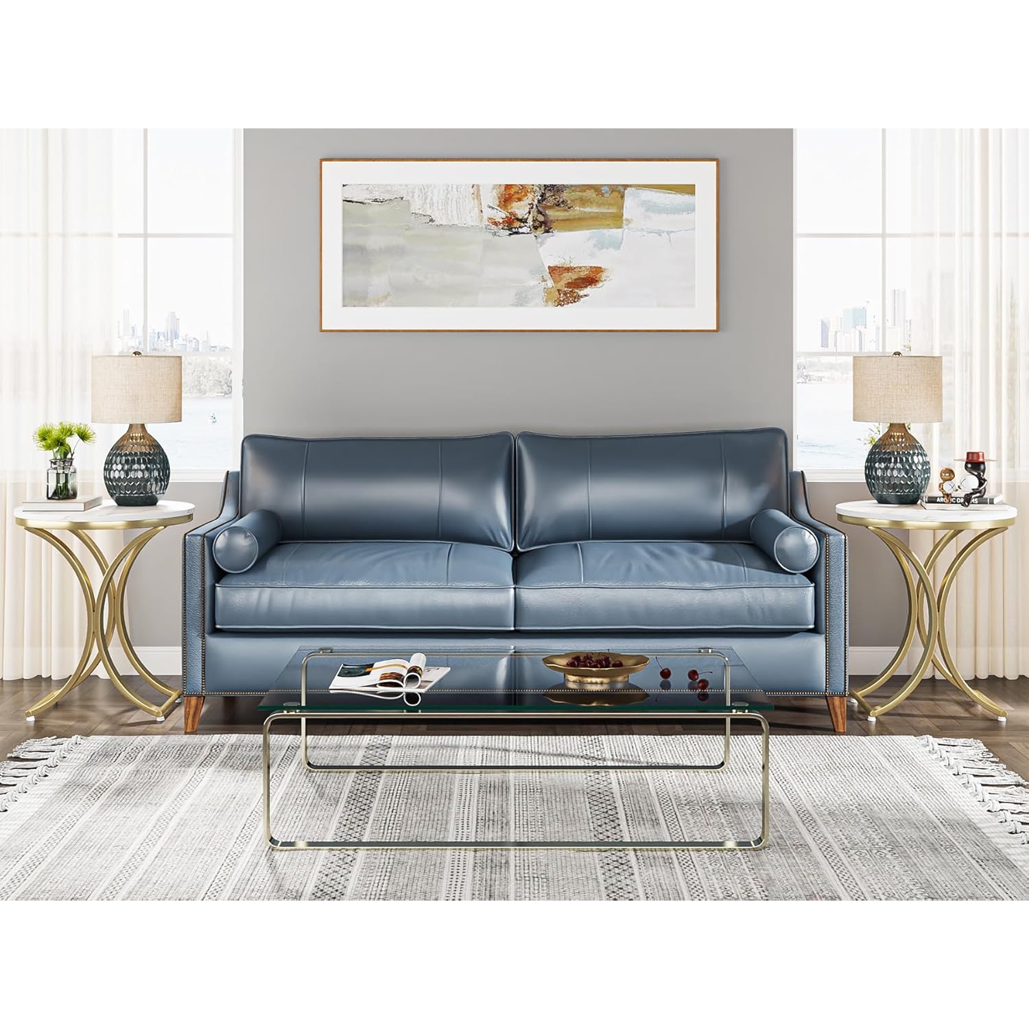 Petite table d'appoint ronde pour canapé Tribesigns, table de bout en faux marbre blanc et or