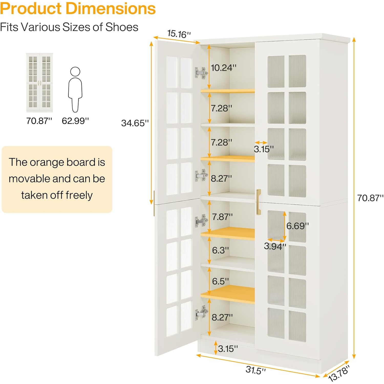 Armoire à chaussures haute de 71&nbsp;po avec portes de Tribesigns, armoire de rangement à chaussures à 8 niveaux avec tablettes réglables, armoire