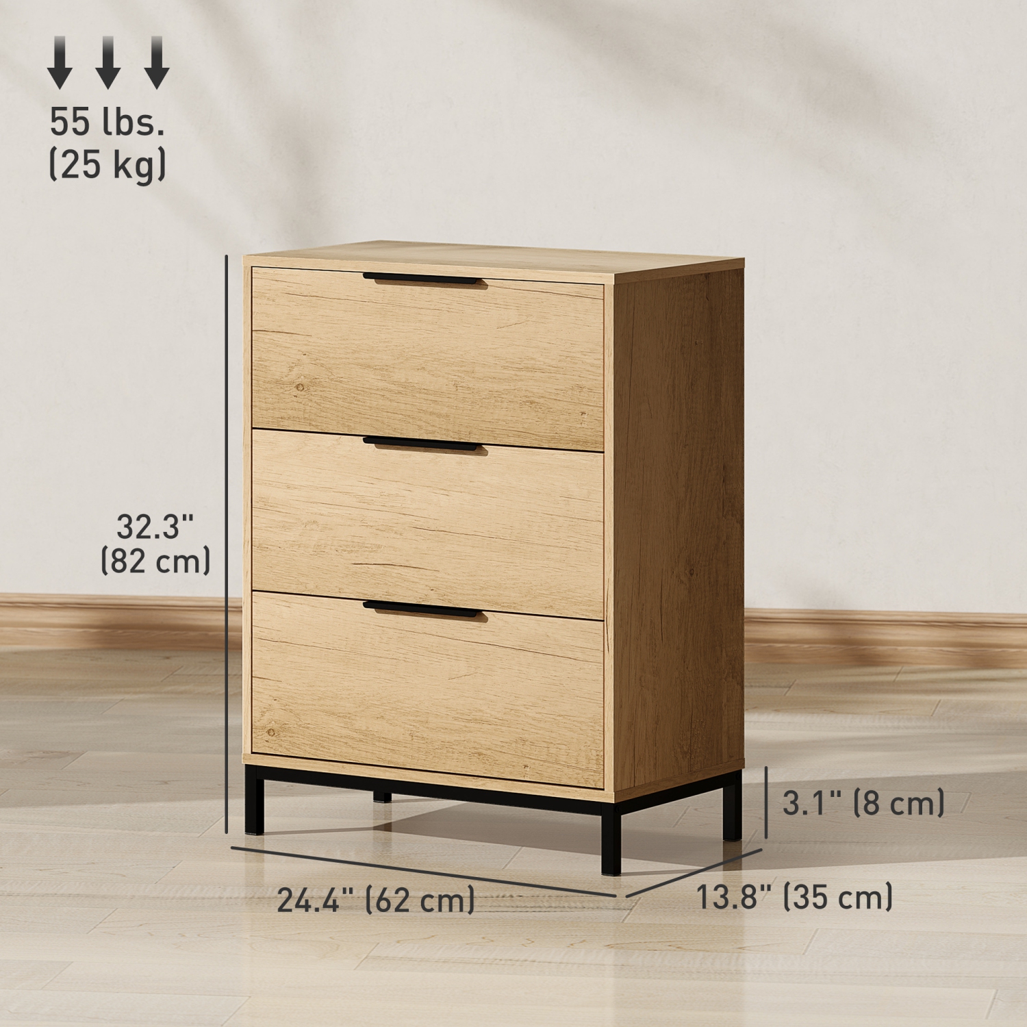 HOMCOM 3 Drawer Dresser for Bedroom, Tall Chest of Drawers, Storage Organizer Cabinet for Entryway, Hallway, Natural Wood Grain
