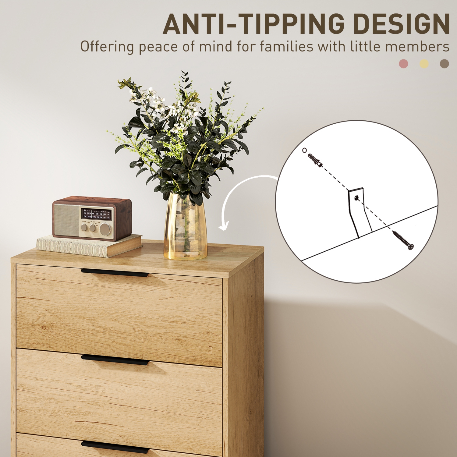 HOMCOM 3 Drawer Dresser for Bedroom, Tall Chest of Drawers, Storage Organizer Cabinet for Entryway, Hallway, Natural Wood Grain