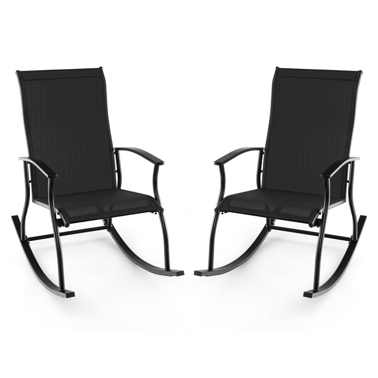 Chaises berçantes d'extérieur 2 PCS de Costway avec dossier perméable à l'air, motif de balancement lisse et sécuritaire, noir