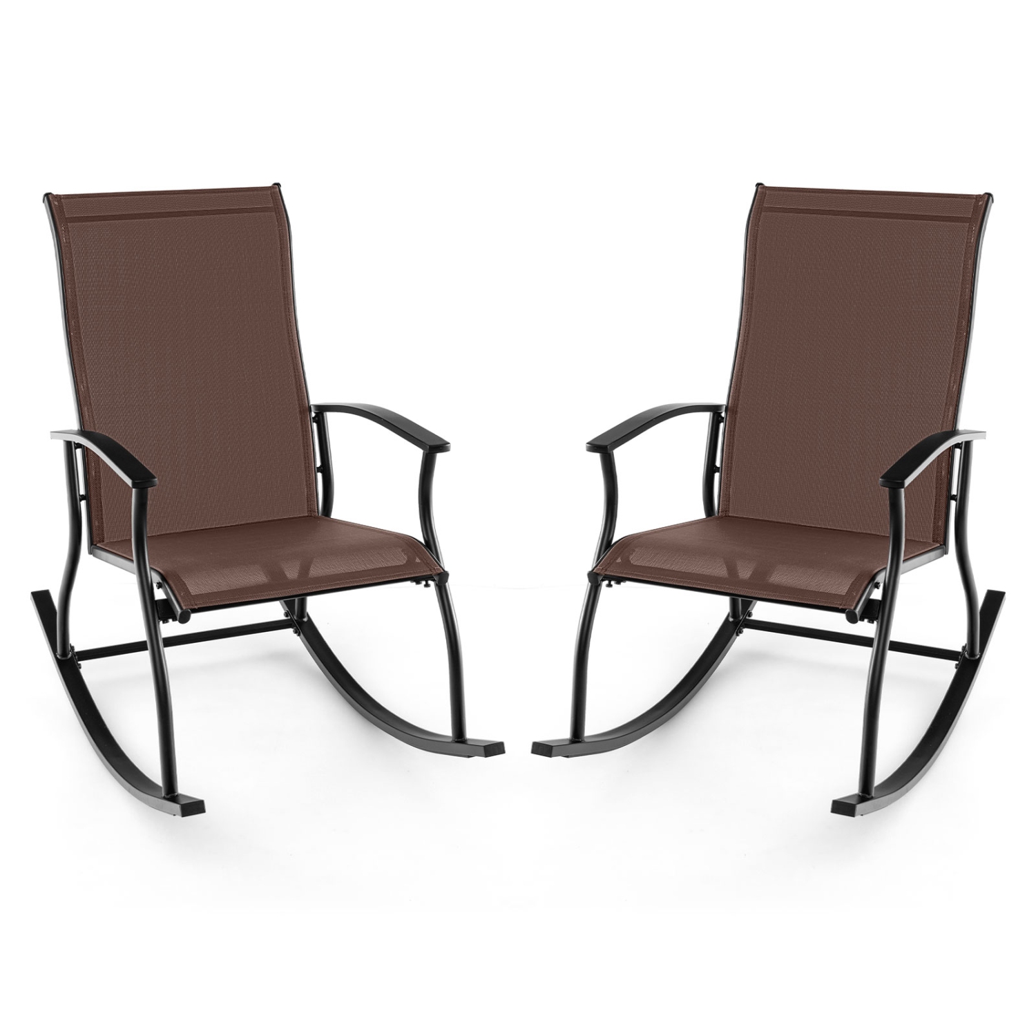 Chaises berçantes d'extérieur 2 PCS de Costway avec dossier perméable à l'air, motif de balancement lisse et sécuritaire, brun