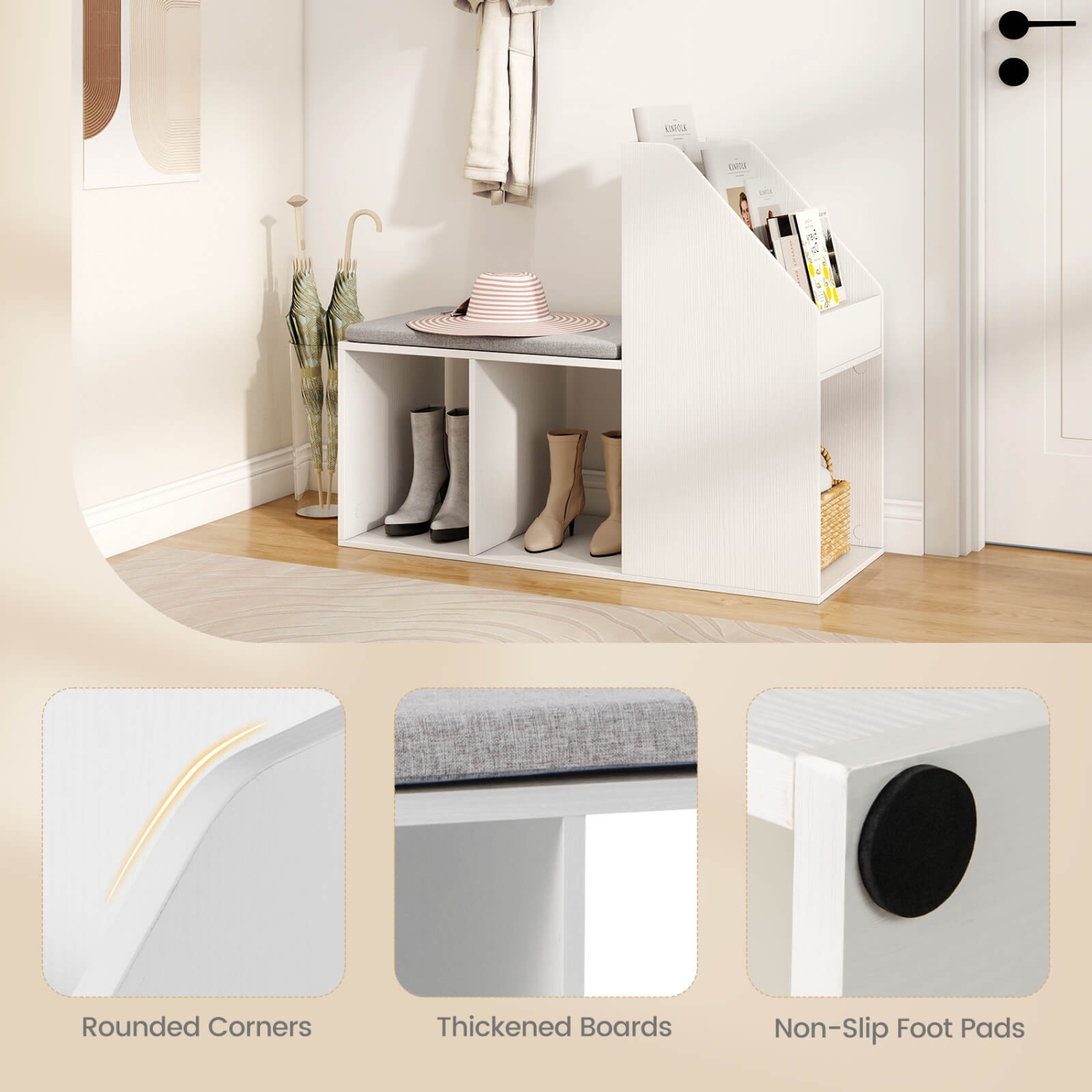 Costway Shoe Storage Bench with Removable Seat Cushion 3 Side Storage Compartments