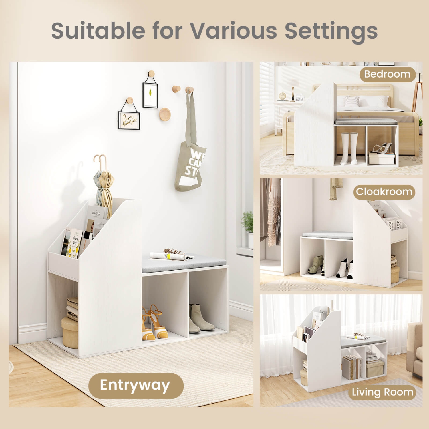 Costway Shoe Storage Bench with Removable Seat Cushion 3 Side Storage Compartments