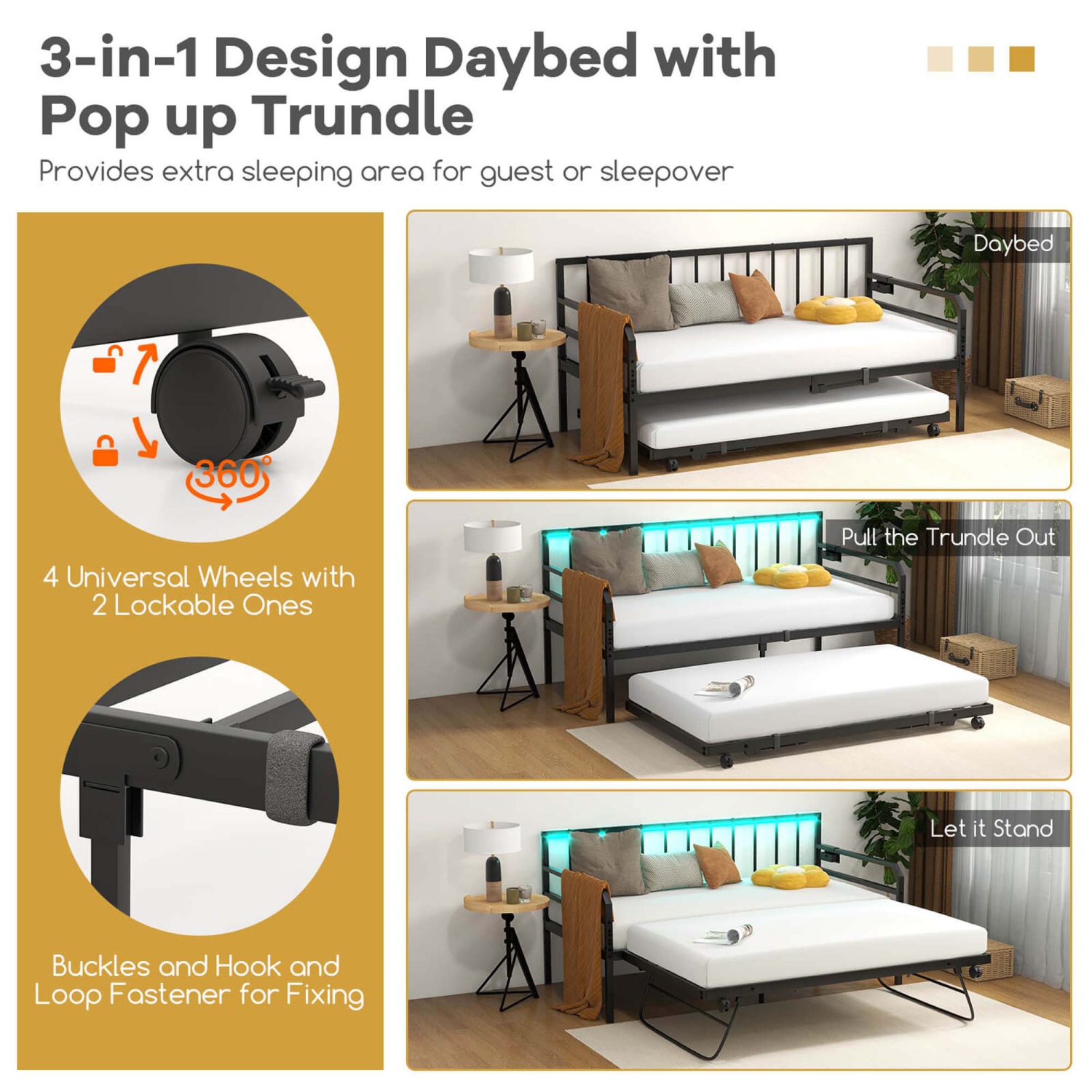 Costway Twin Size Daybed with Pop-up Trundle Charging Station & LED Lights for Living Room