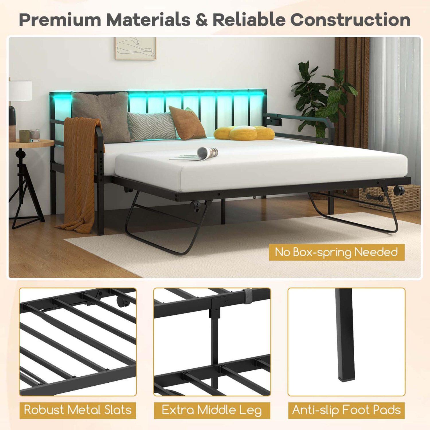 Costway Twin Size Daybed with Pop-up Trundle Charging Station & LED Lights for Living Room