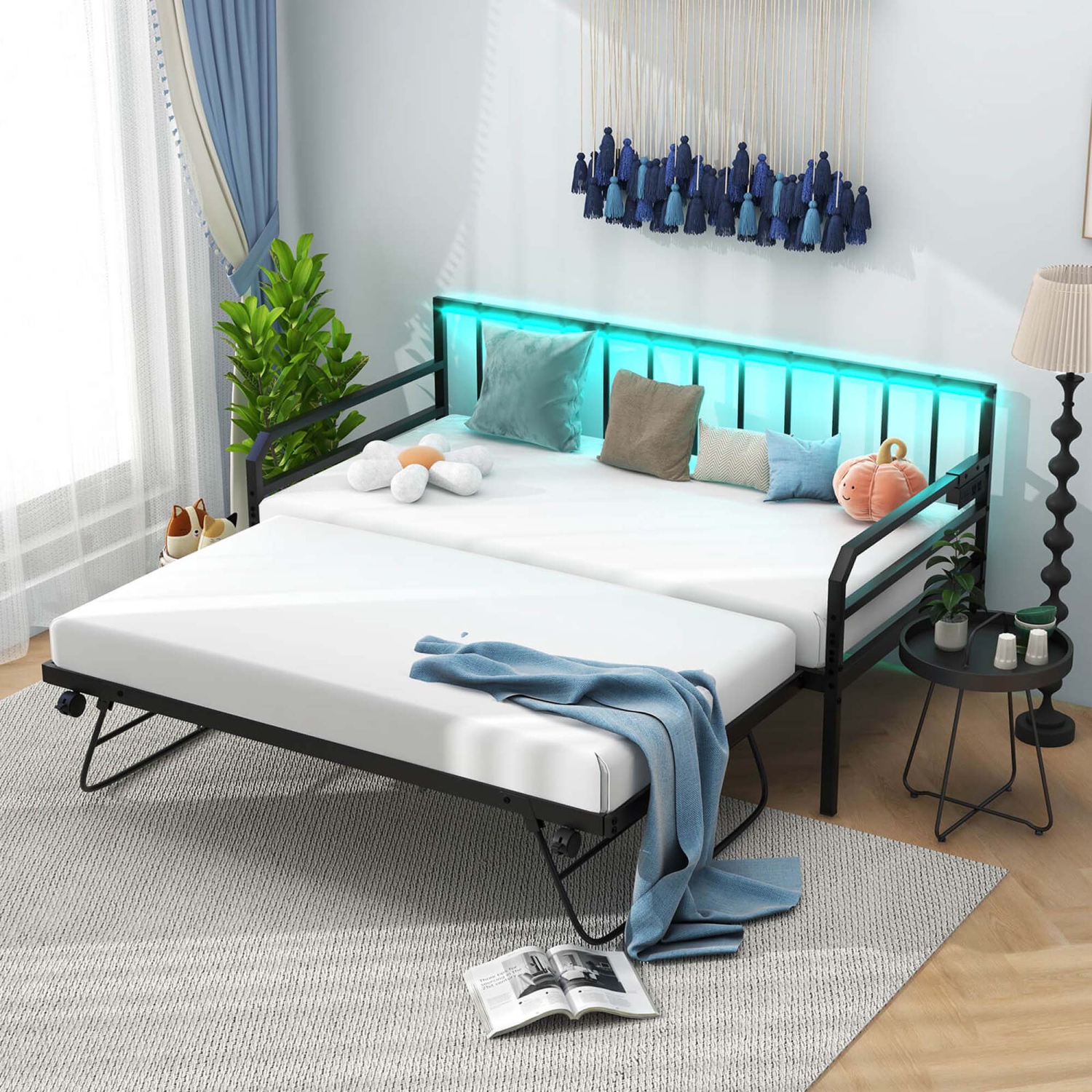 Costway Twin Size Daybed with Pop-up Trundle Charging Station & LED Lights for Living Room