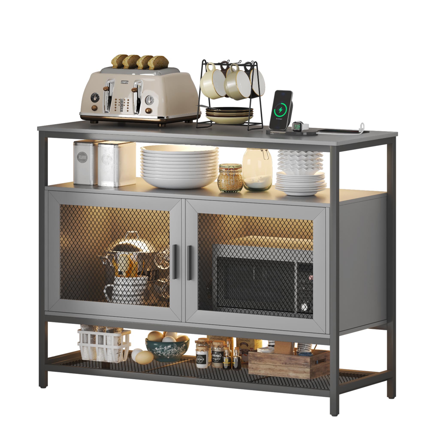 Vlsrka Sideboard Buffet Cabinet with Charging Station, Auto-Sensor 20 Color Lights Console Table with Storage,Touch Control Console Coffee Bar Table