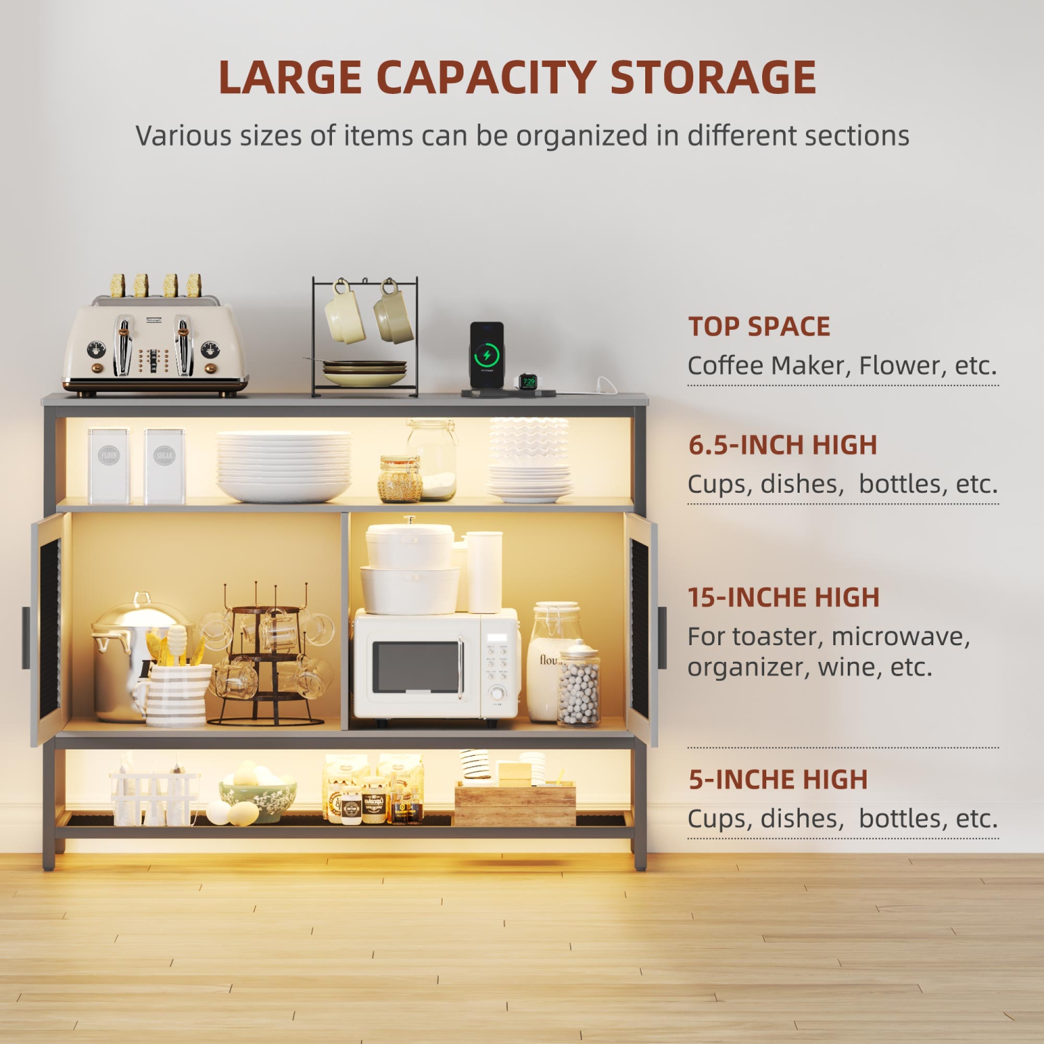 Vlsrka Sideboard Buffet Cabinet with Charging Station, Auto-Sensor 20 Color Lights Console Table with Storage,Touch Control Console Coffee Bar Table