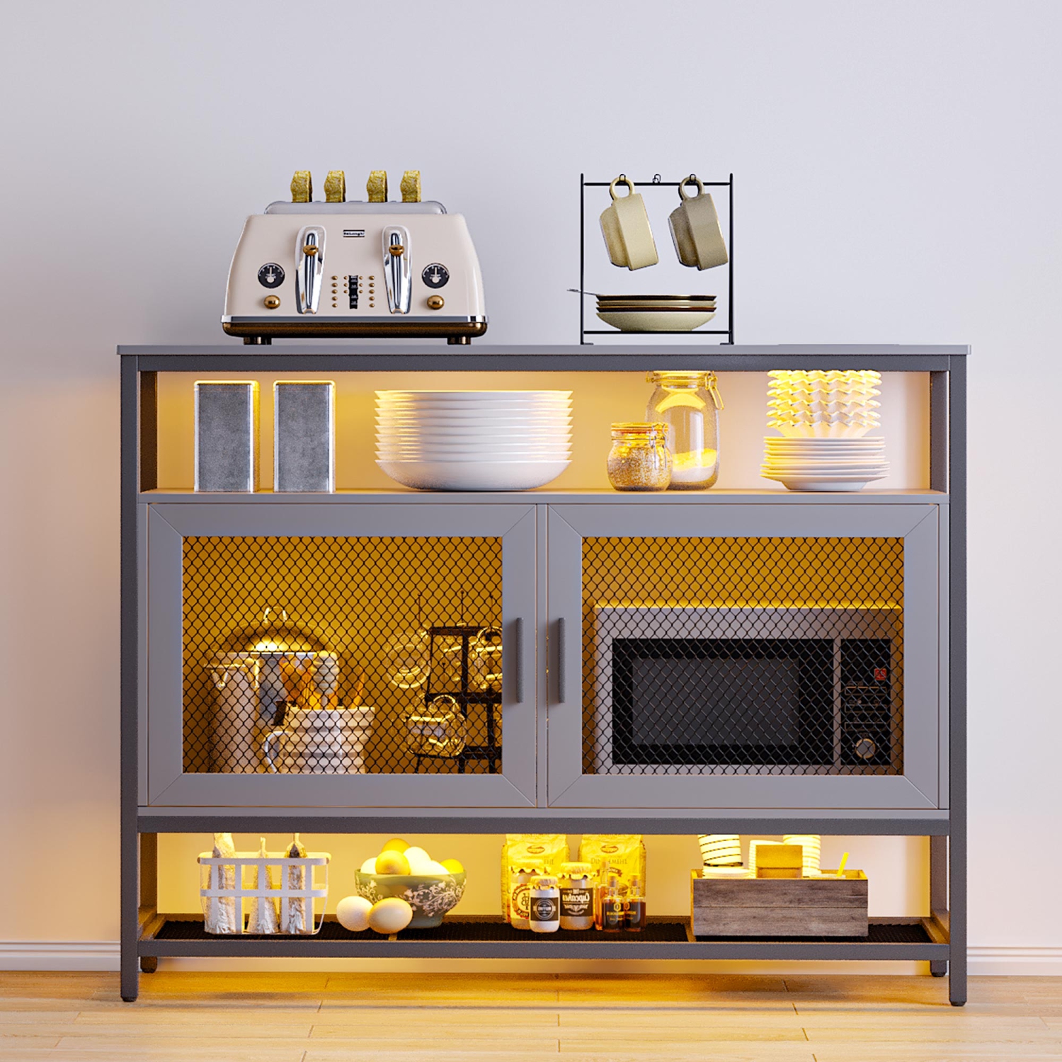 Vlsrka Sideboard Buffet Cabinet with Charging Station, Auto-Sensor 20 Color Lights Console Table with Storage,Touch Control Console Coffee Bar Table