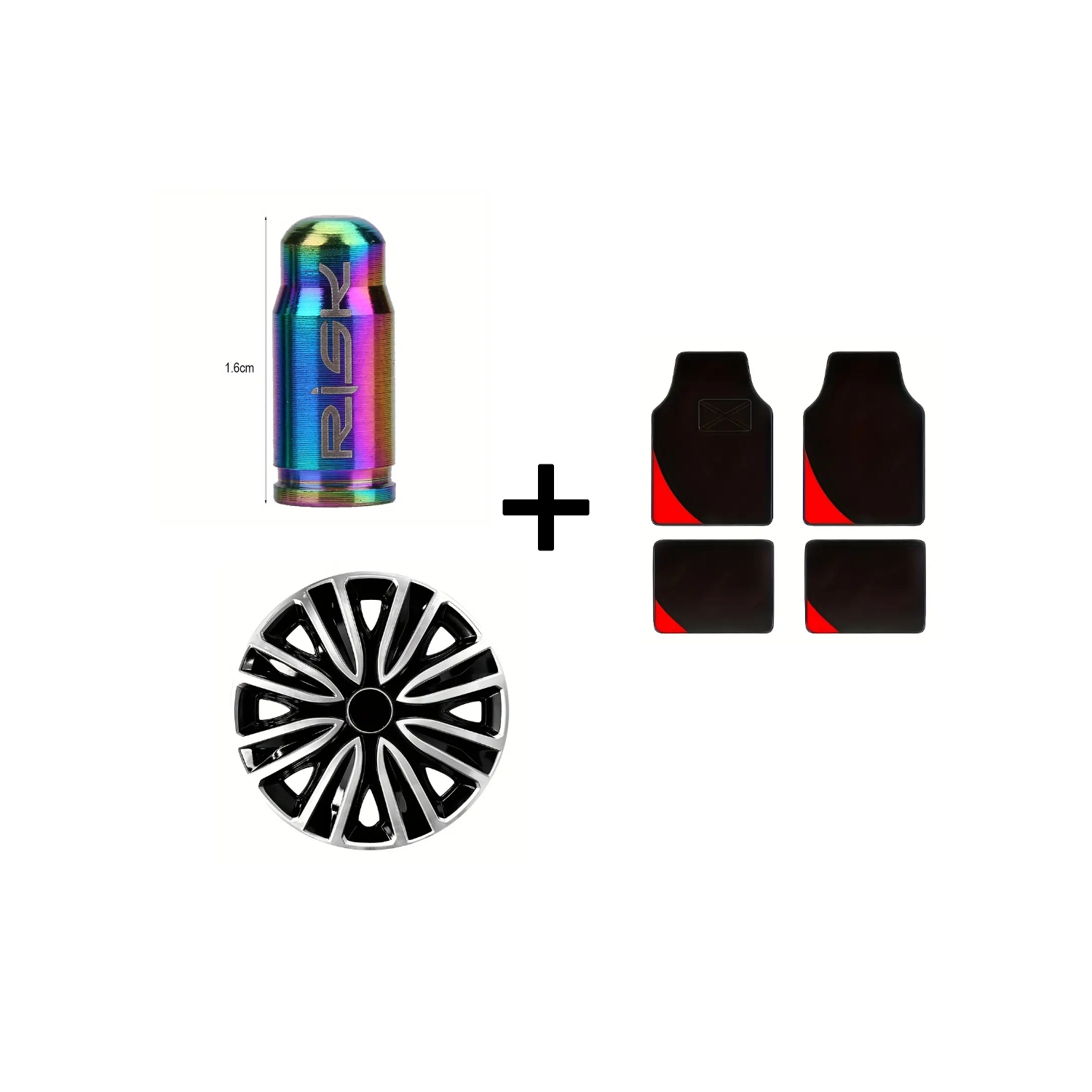 Titanium Alloy Valve Caps 2pcs, 14" Iron Rim Wheel Covers 4pcs, Red Non-Slip Car Foot Mats Set