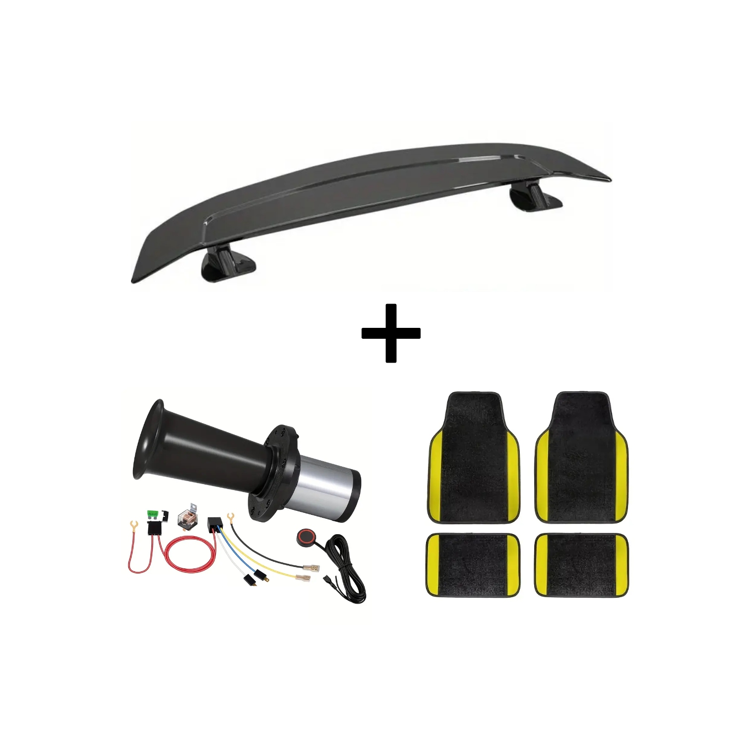 Aileron de voiture noir lustré de 46,3&nbsp;po pour berlines et Coupes, trousse de klaxon Aooga antique 12&nbsp;V, ensemble de 4 tapis antidérapants