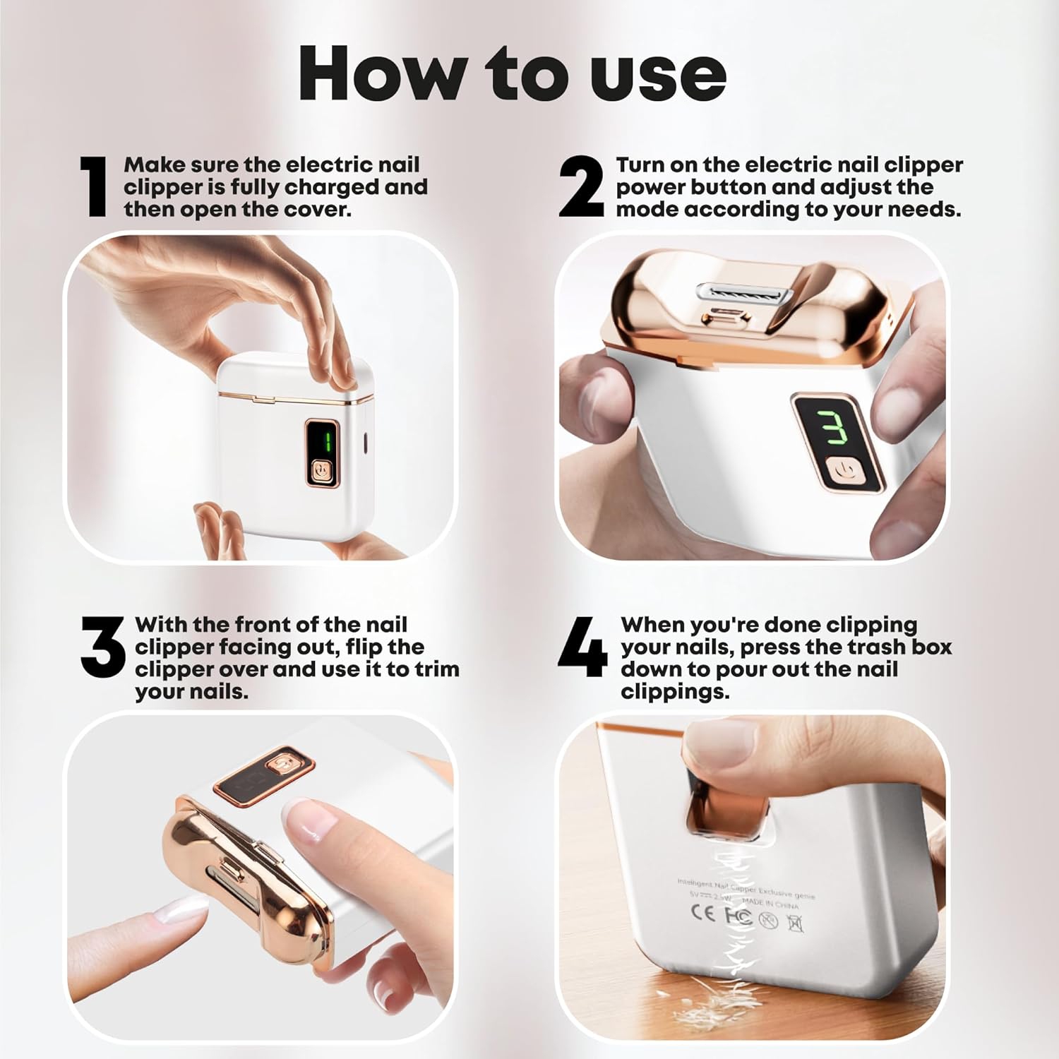 Coupe-ongles électrique automatique, coupe-ongles à batterie rechargeable pour aînés, coupe-ongles automatique à 3 niveaux de vitesse avec éclairage