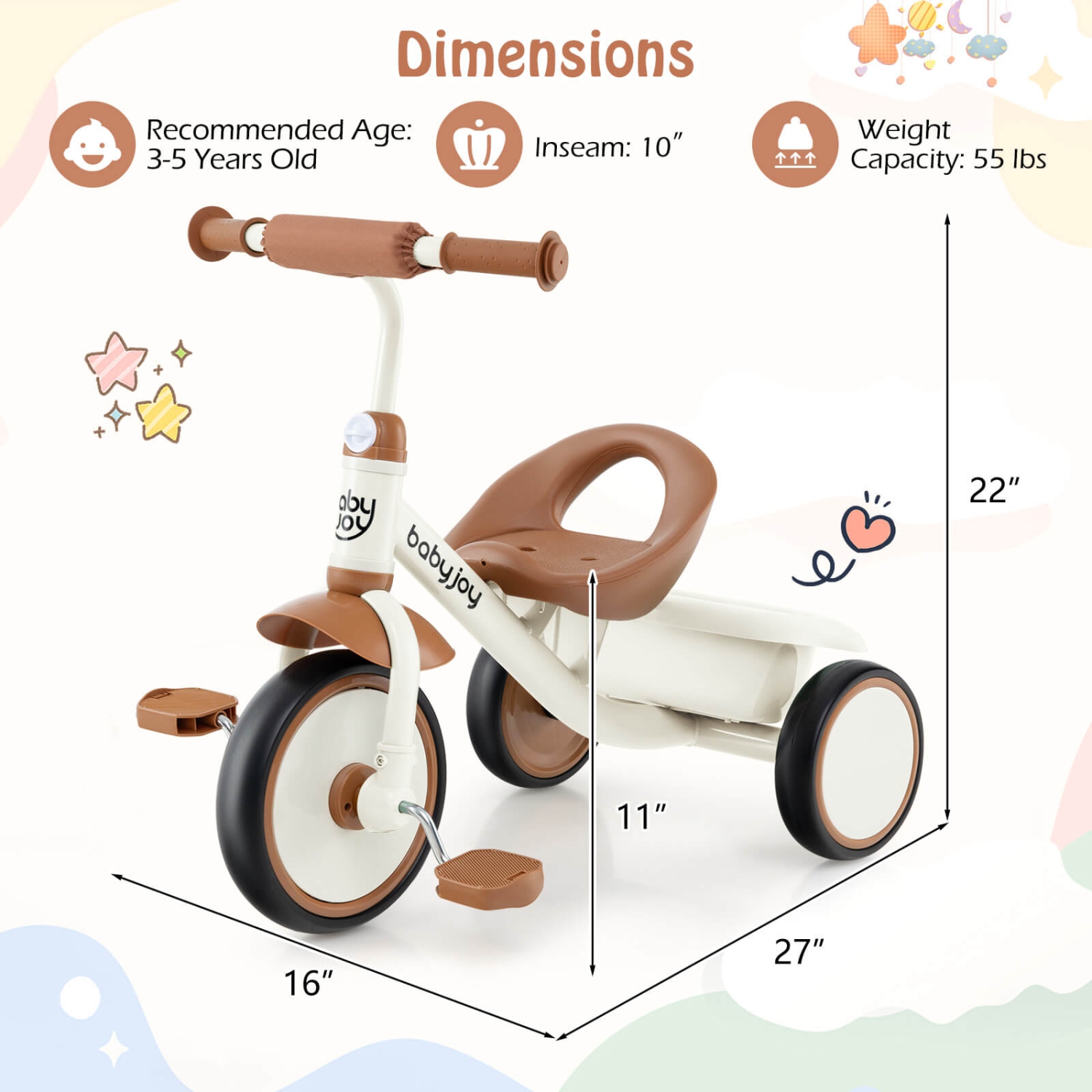Tricycle pour tout-petit de Babyjoy Kids avec siège réglable et panier de rangement, vélo à 3 roues