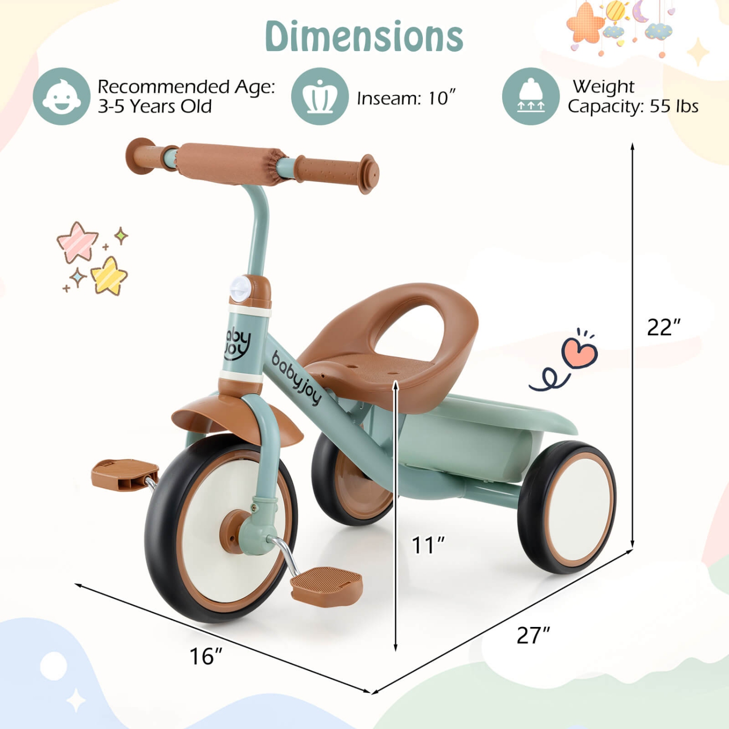 Babyjoy Kids Tricycle Toddler Trike with Adjustable Seat & Storage Basket 3 Wheel Bike