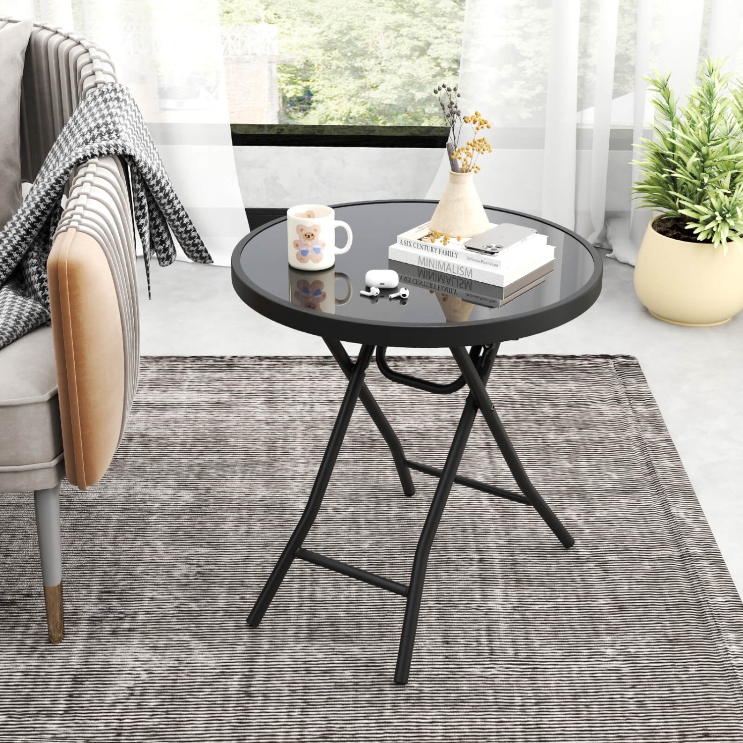 Table basse ronde compacte pliante de 18&nbsp;po de Costway avec surface en verre trempé