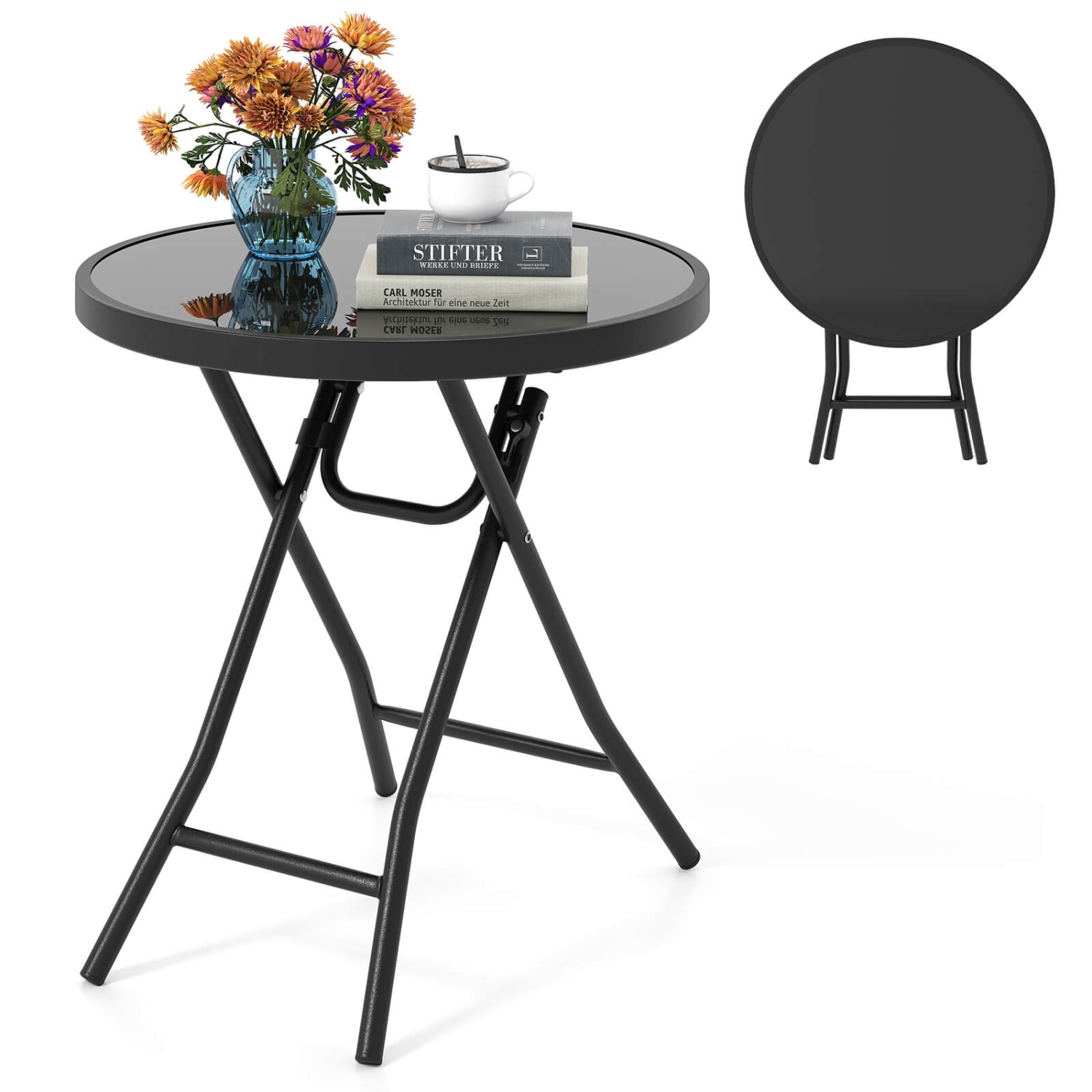 Table basse ronde compacte pliante de 18&nbsp;po de Costway avec surface en verre trempé