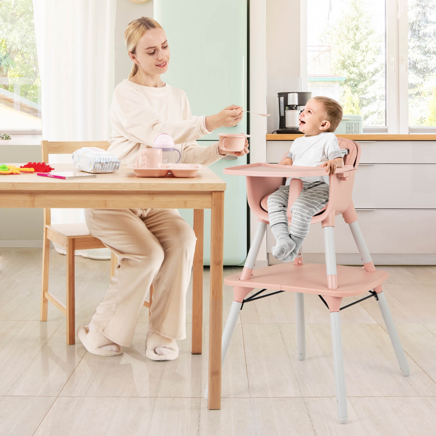 Babyjoy 4 in 1 Baby High Chair Convertible Toddler Table Chair Set with PU Cushion