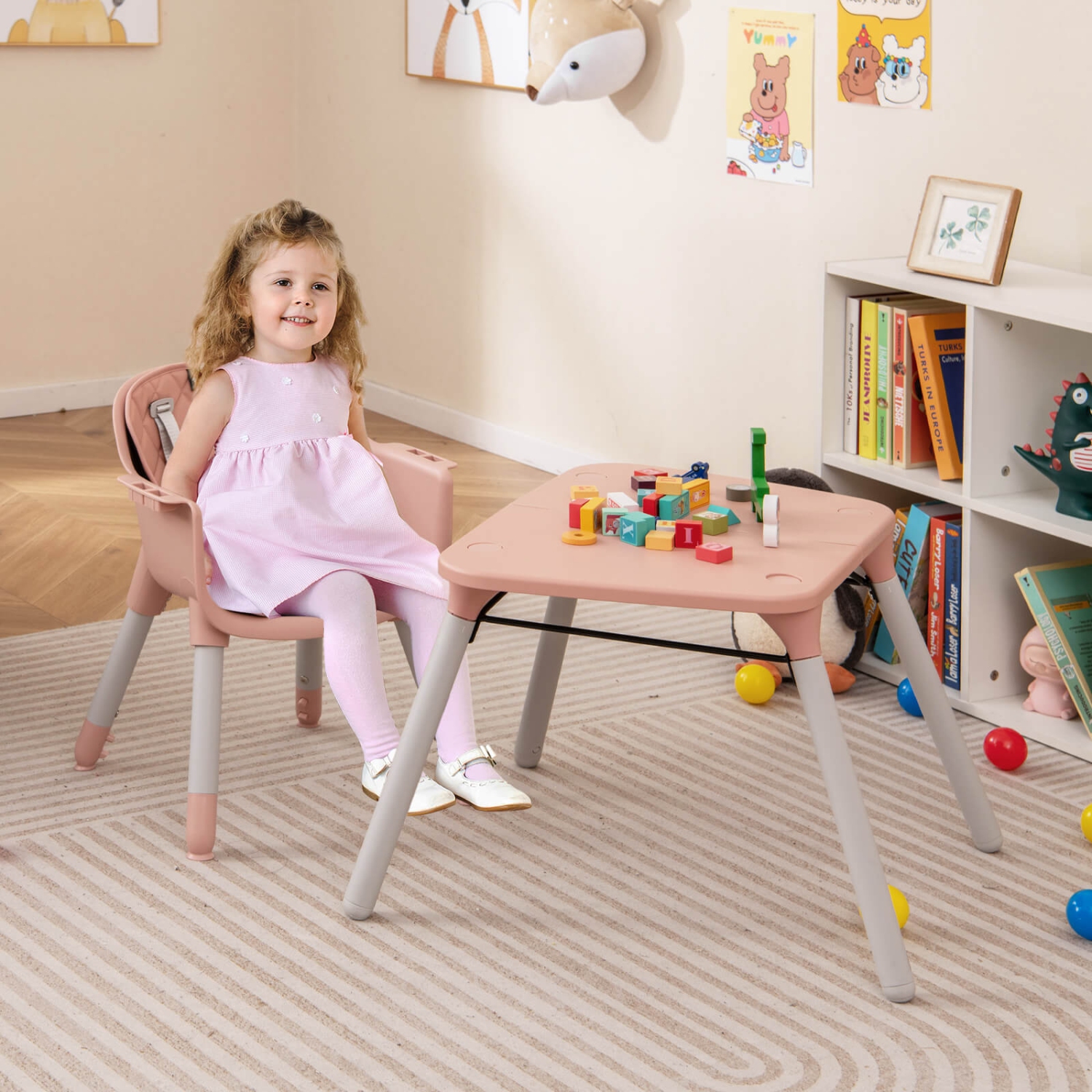 Babyjoy 4 in 1 Baby High Chair Convertible Toddler Table Chair Set with PU Cushion