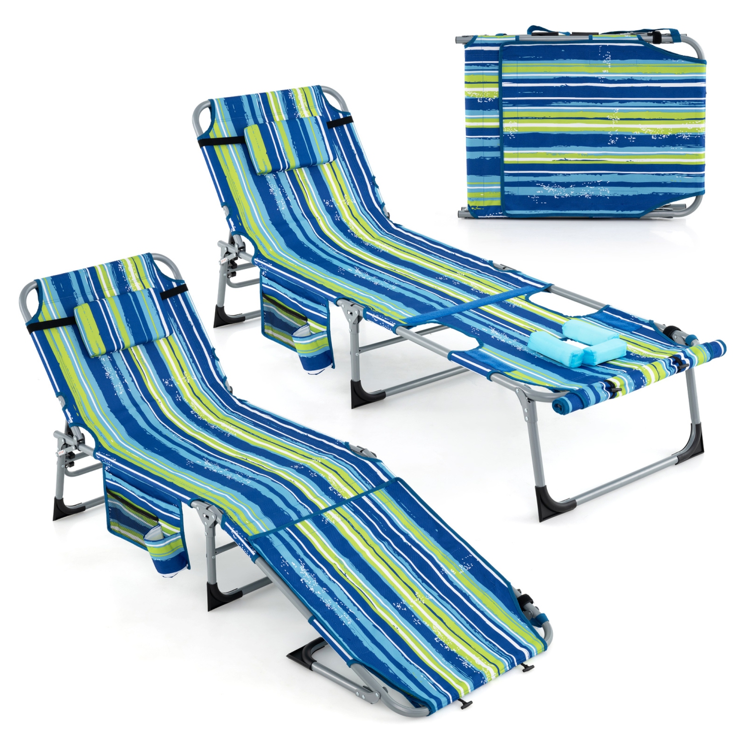 Goplus 2 PCS Outdoor Folding Chaise 5-Position Lounge Chair with Adjustable Footrest