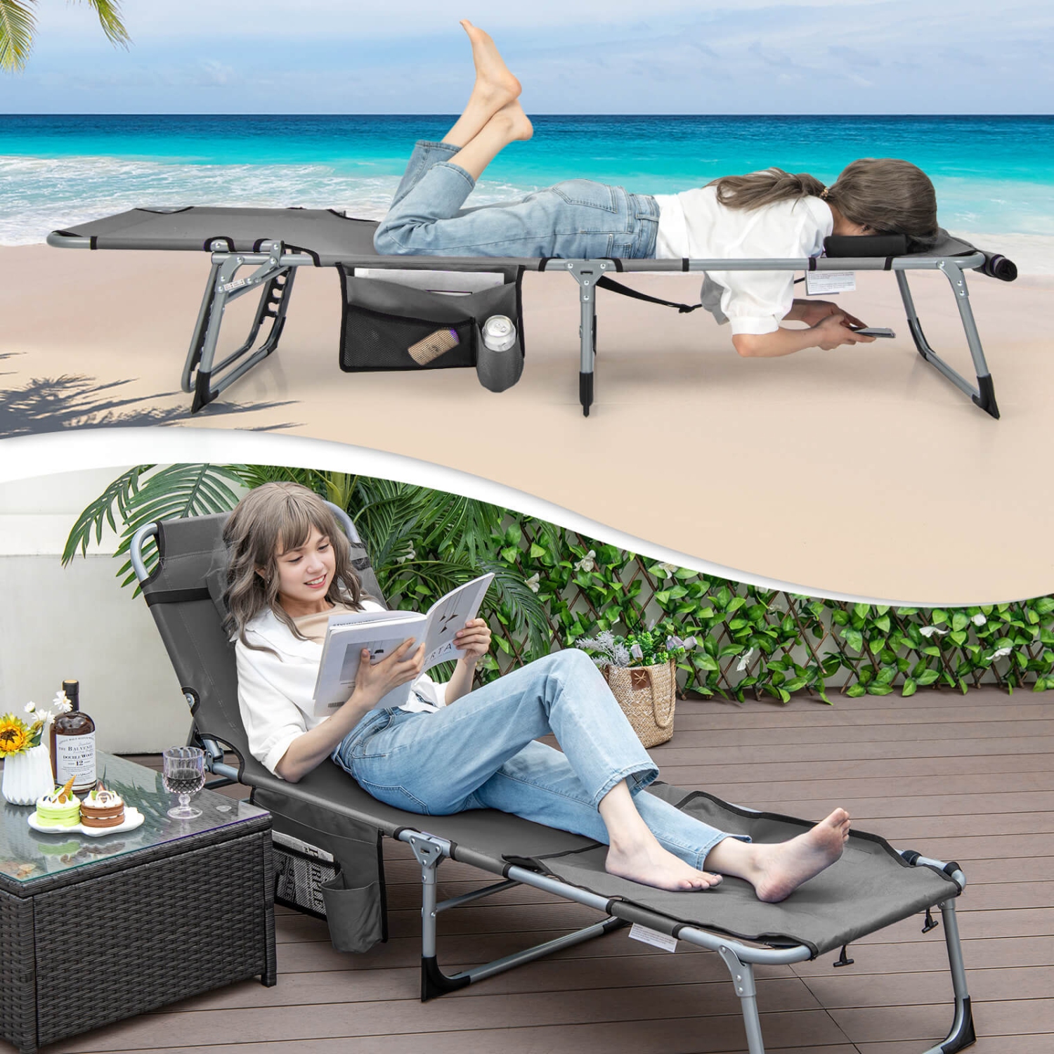 Goplus 2 PCS Outdoor Folding Chaise 5-Position Lounge Chair with Adjustable Footrest