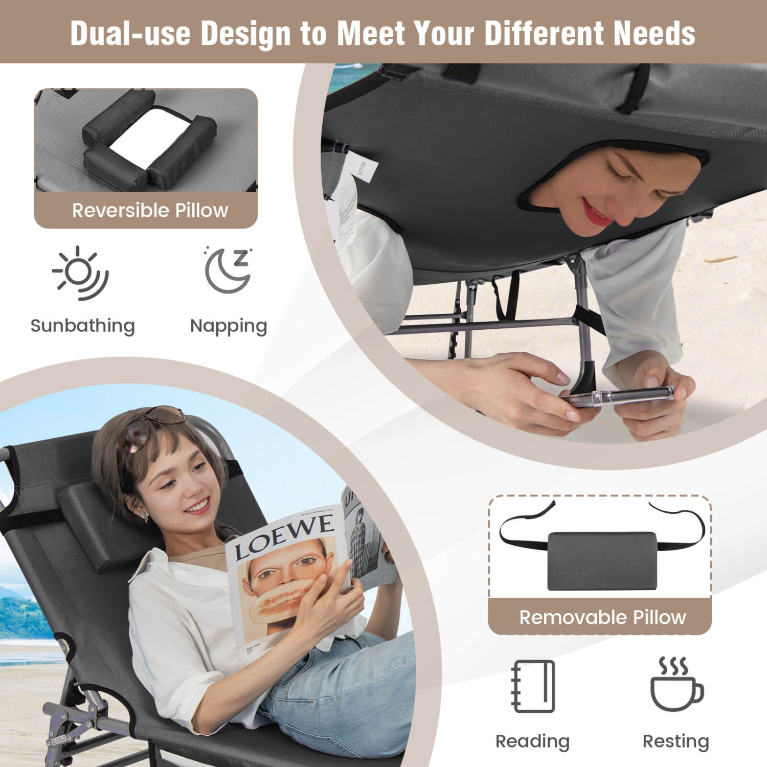 Goplus 2 PCS Outdoor Folding Chaise 5-Position Lounge Chair with Adjustable Footrest