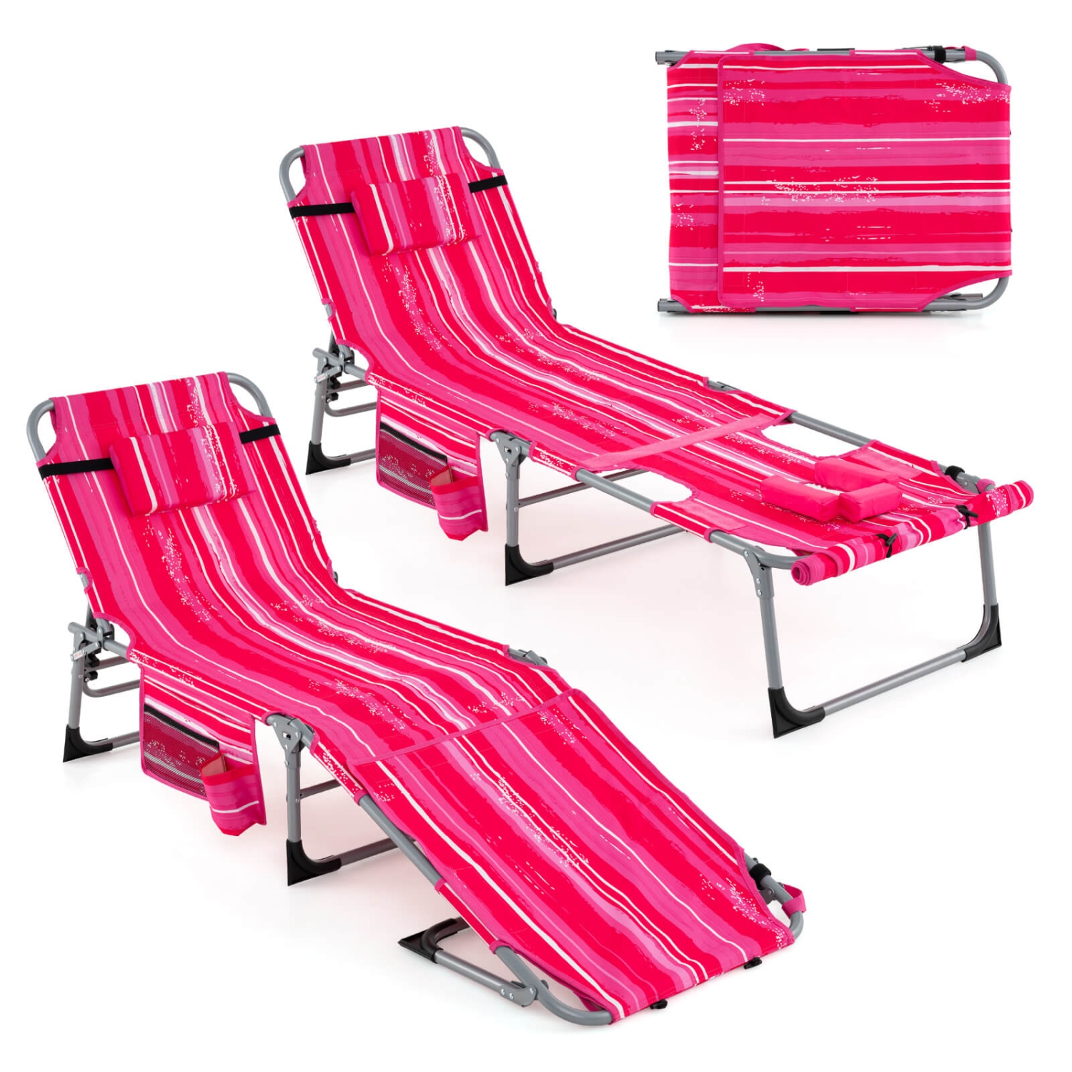 Goplus 2 PCS Outdoor Folding Chaise 5-Position Lounge Chair with Adjustable Footrest