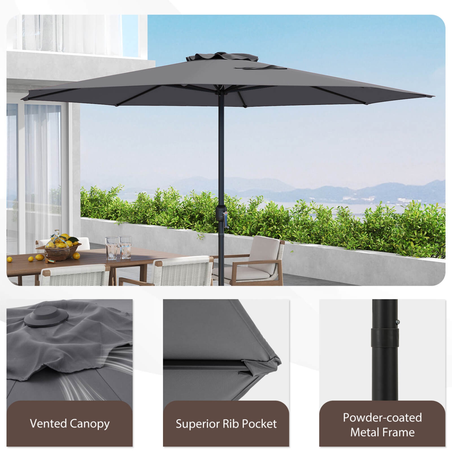 Costway 12 FT Patio Umbrella Outdoor Market Umbrella with Crank Handle 8 Sturdy Ribs