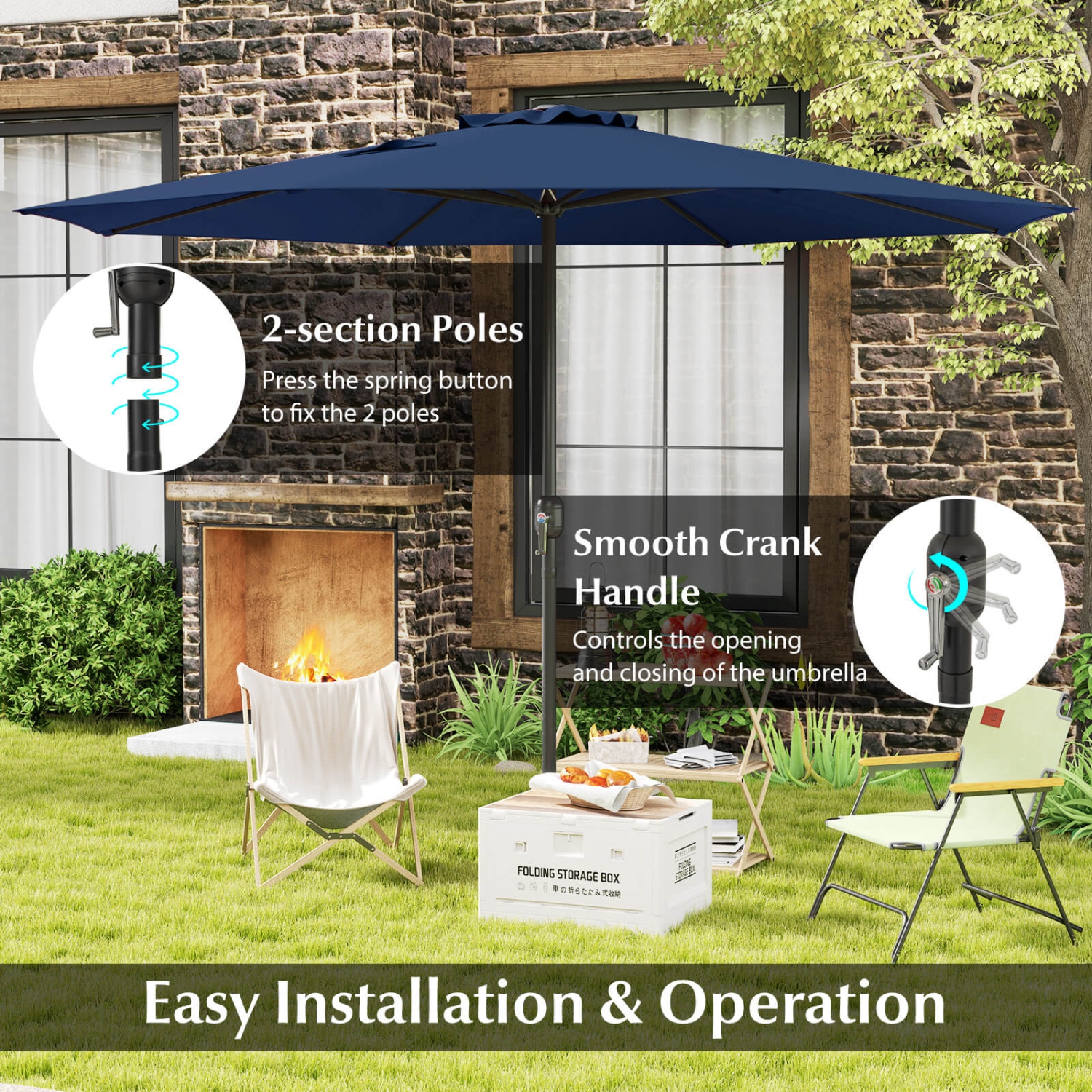 Costway 12 FT Patio Umbrella Outdoor Market Umbrella with Crank Handle 8 Sturdy Ribs