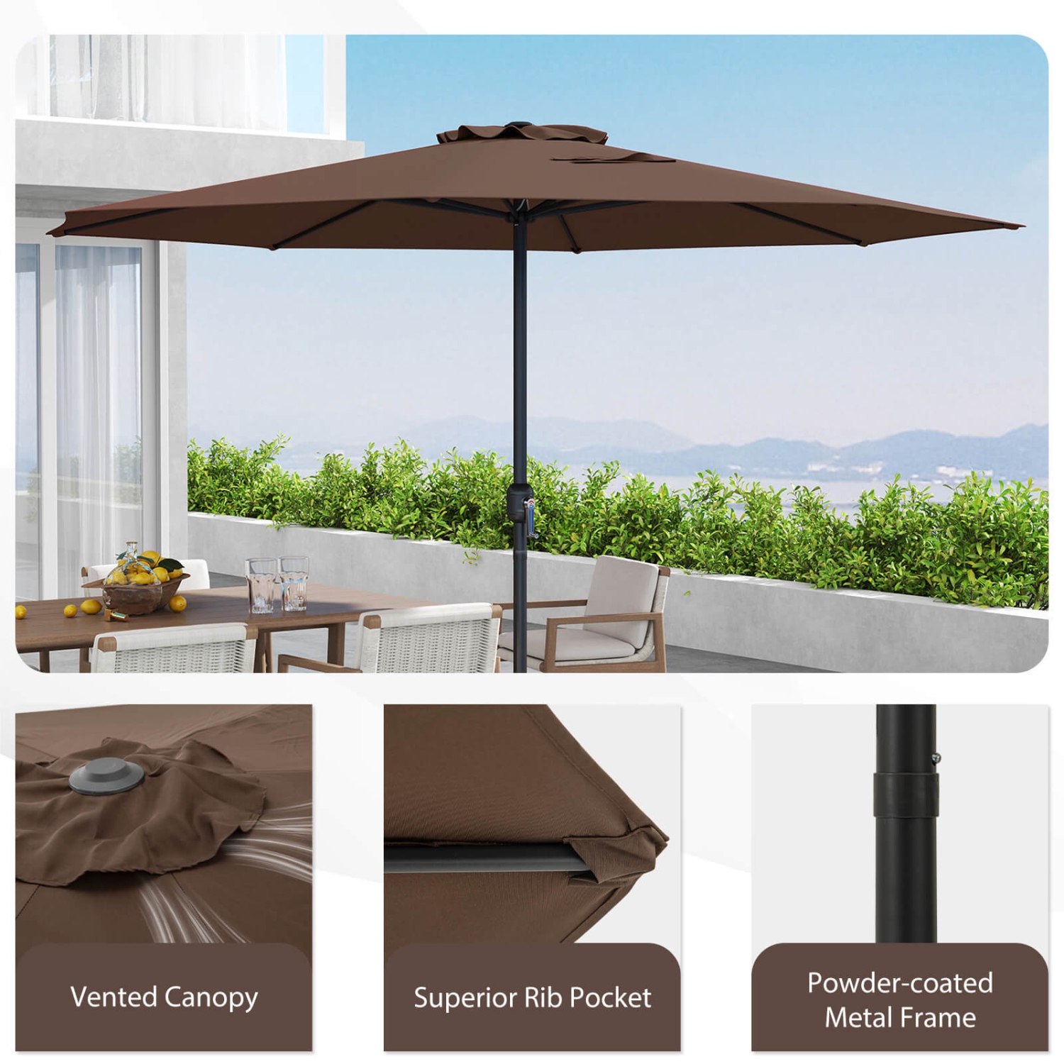 Costway 12 FT Patio Umbrella Outdoor Market Umbrella with Crank Handle 8 Sturdy Ribs