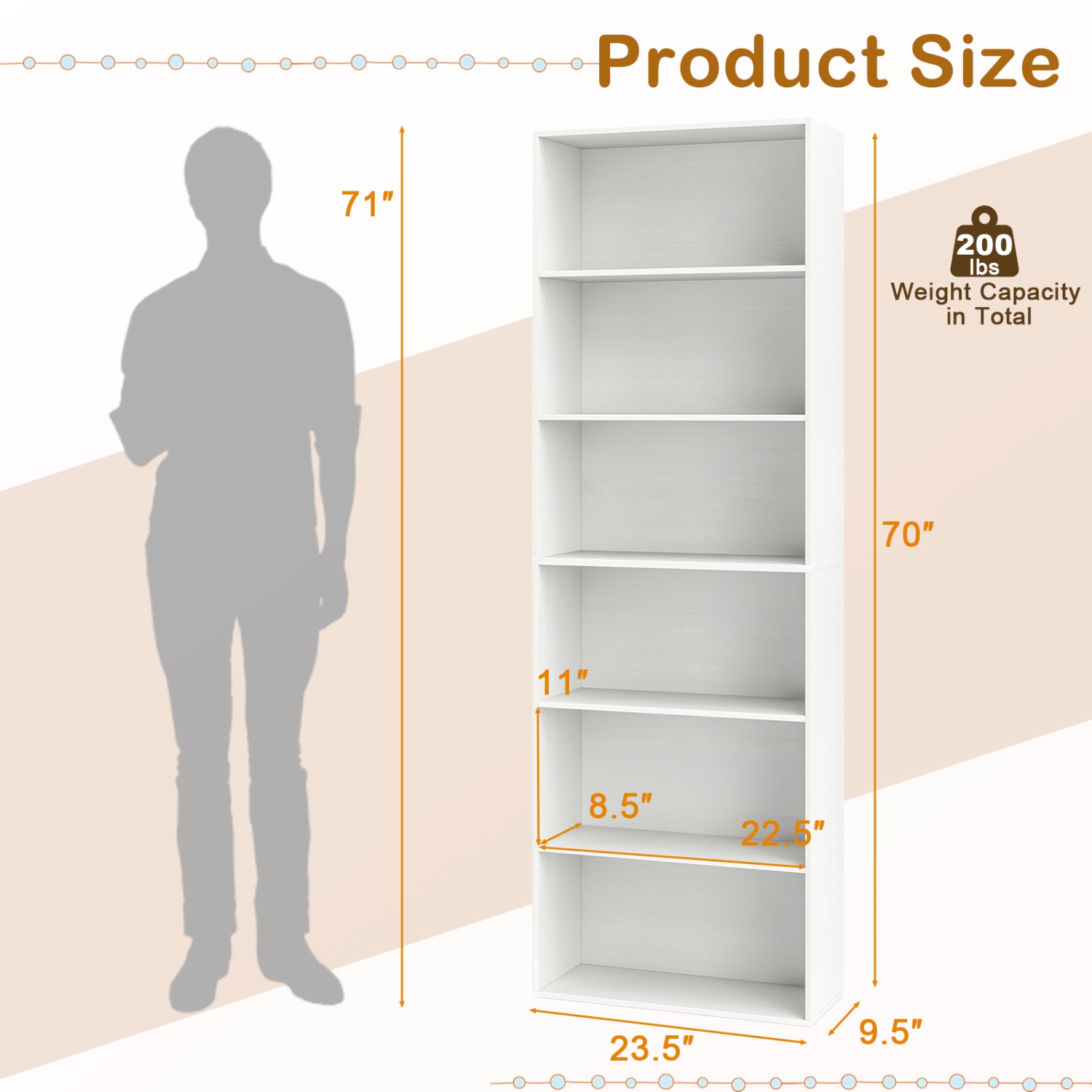 Costway 70" Tall 6-Tier Bookcase with 6 Open Shelves Anti-Toppling Kits for Living Room