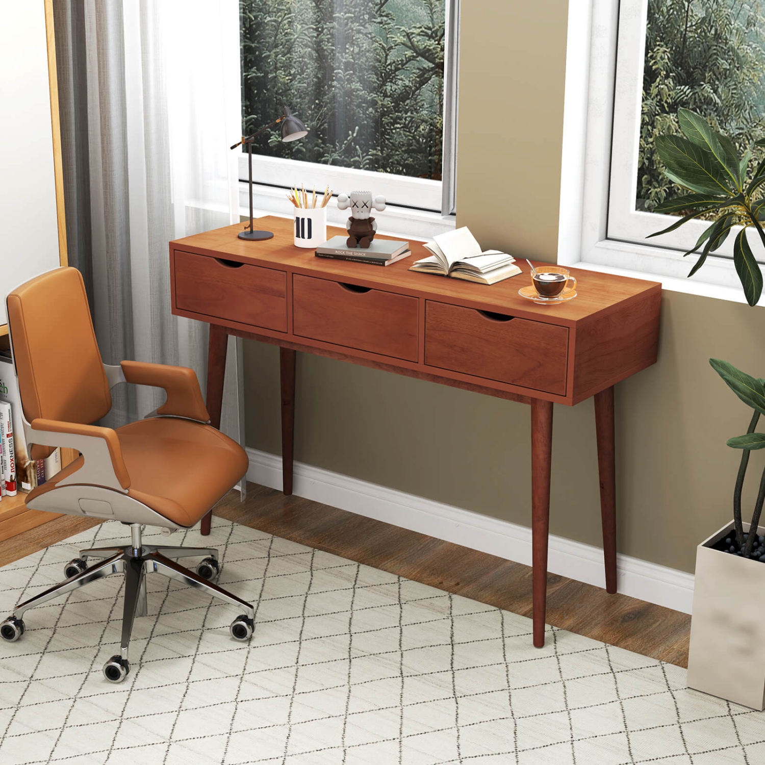 Costway Writing Desk 48" Computer Desk Mid Century Modern Work Table with 3 Drawers