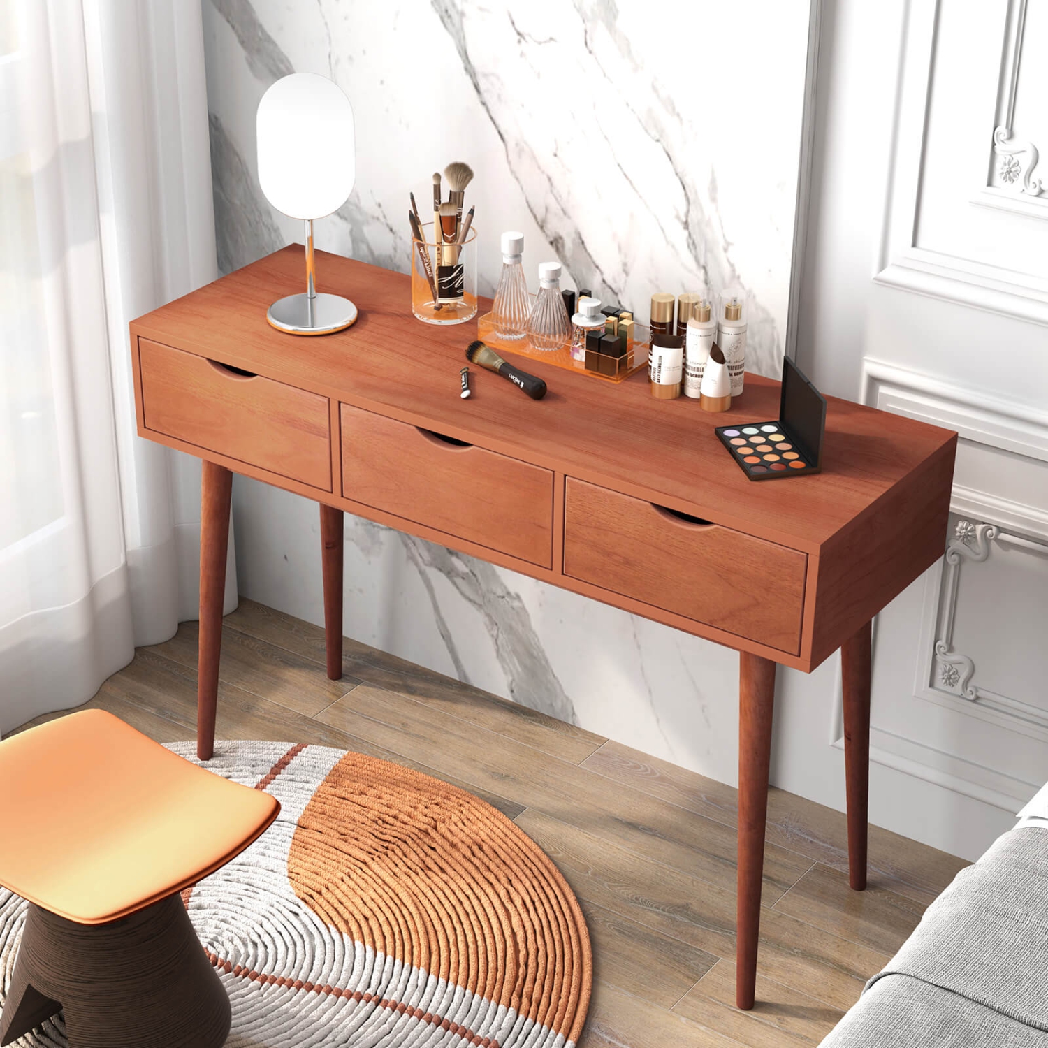 Costway Writing Desk 48" Computer Desk Mid Century Modern Work Table with 3 Drawers