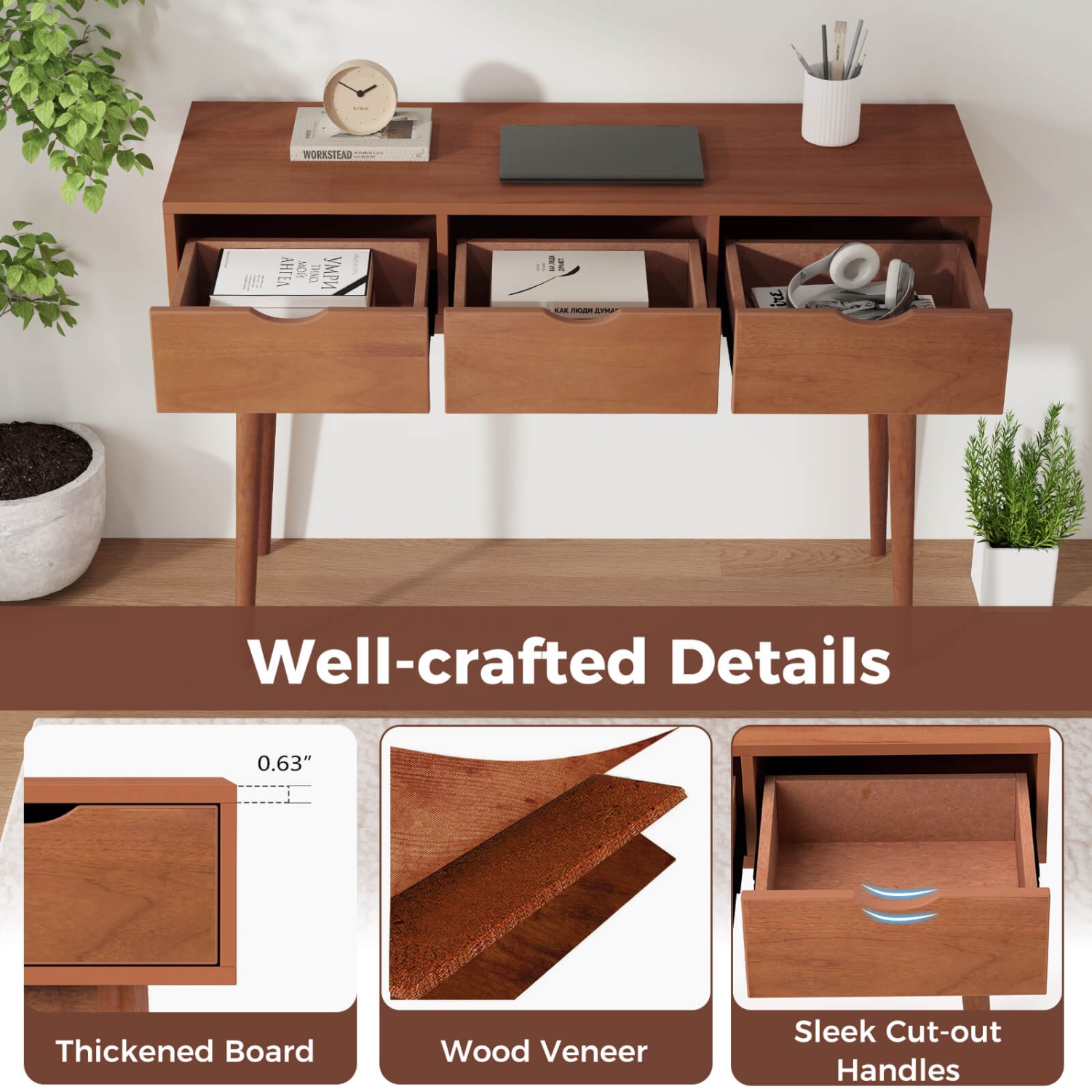 Costway Writing Desk 48" Computer Desk Mid Century Modern Work Table with 3 Drawers