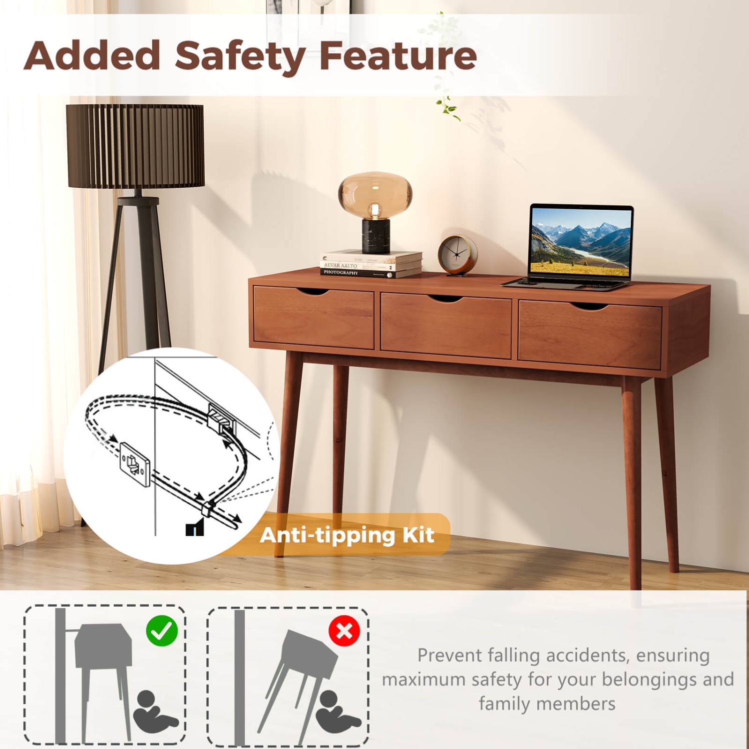 Costway Writing Desk 48" Computer Desk Mid Century Modern Work Table with 3 Drawers