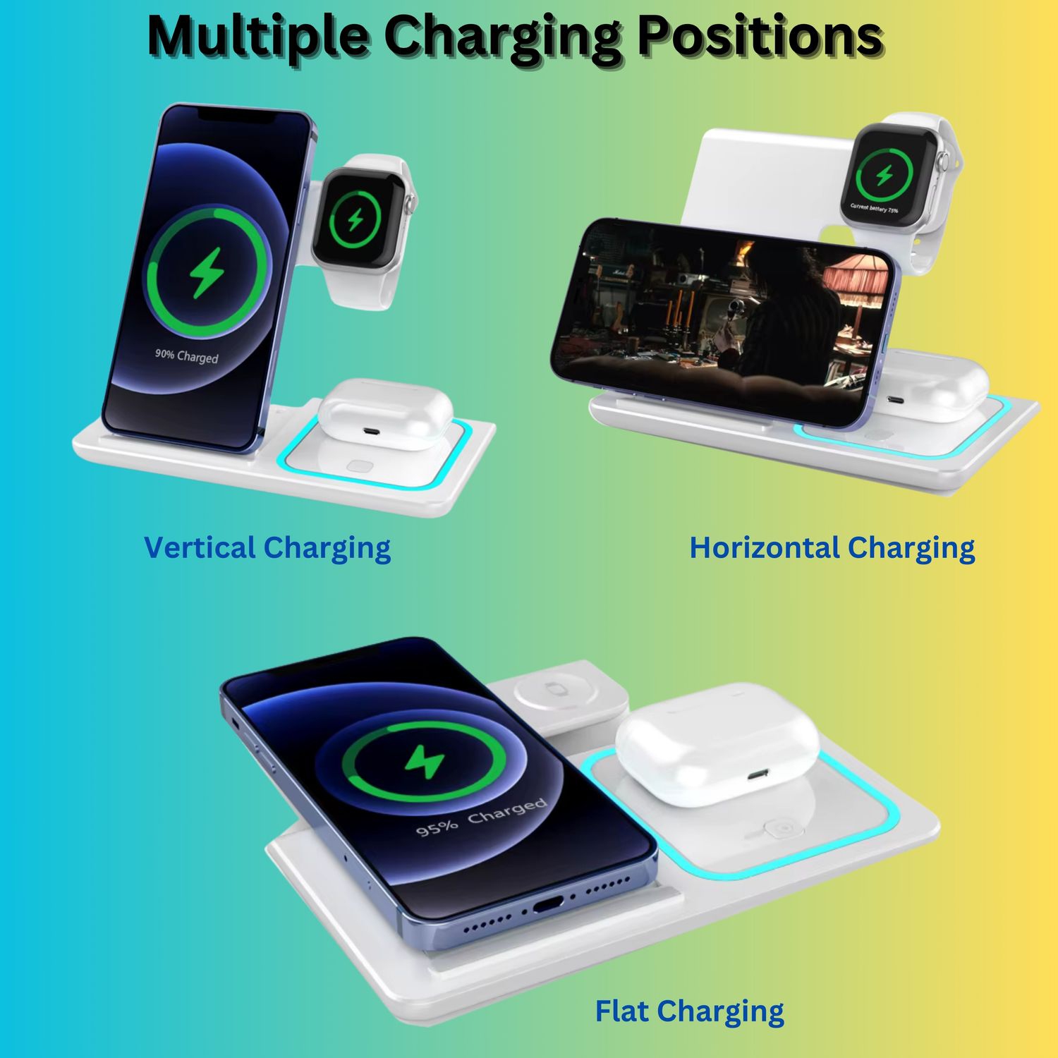 MAKATA 4-in-1 Wireless Charger Foldable Fast-Charging Station Compatible with Apple Samsung Phones Smart watches and Airpods for Home and Office