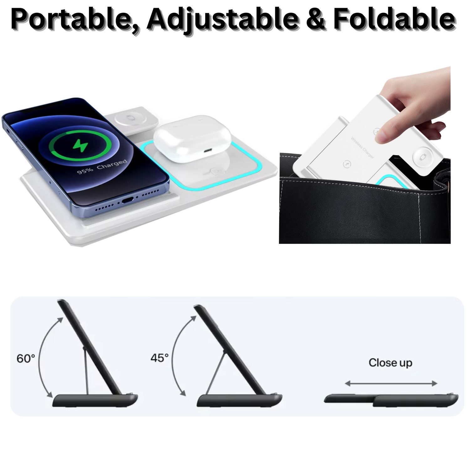 MAKATA 4-in-1 Wireless Charger Foldable Fast-Charging Station Compatible with Apple Samsung Phones Smart watches and Airpods for Home and Office