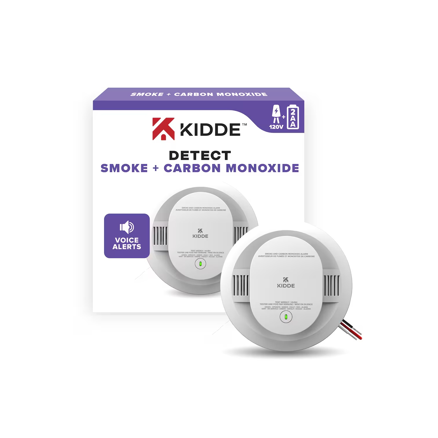 Détecteur de fumée et de monoxyde de carbone câblé/alerte vocale/2 piles AA de Kidde (30-AR-VCA)