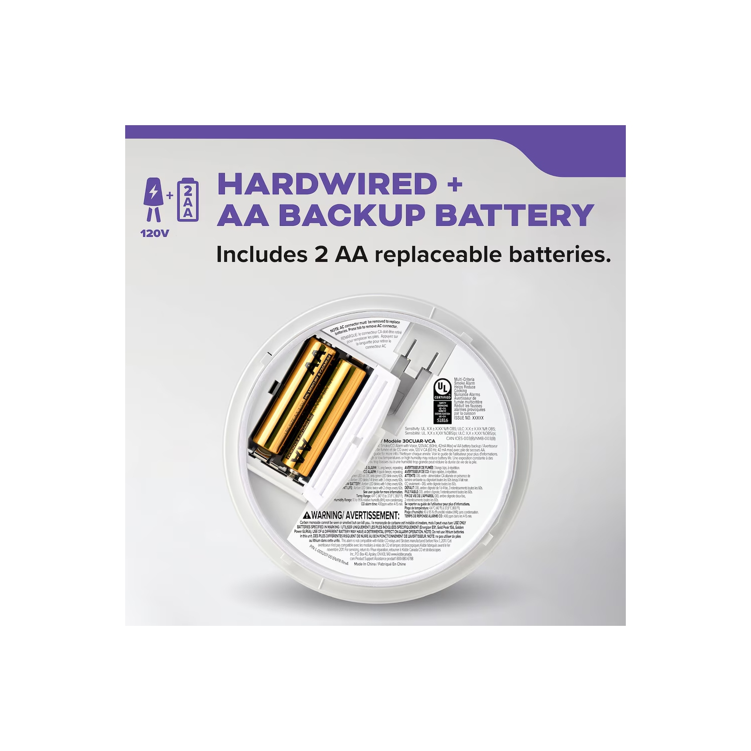 Détecteur de fumée et de monoxyde de carbone câblé/alerte vocale/2 piles AA de Kidde (30-AR-VCA)