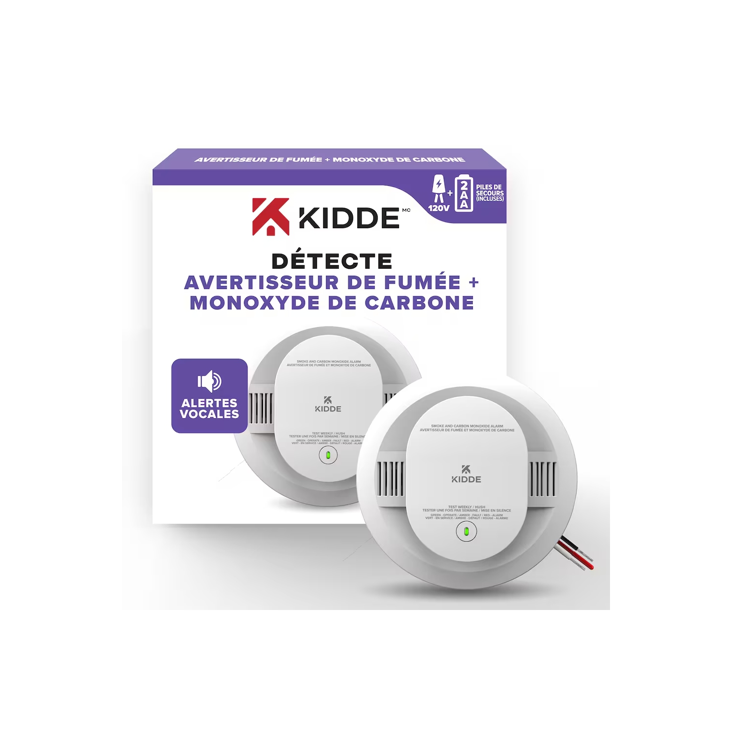 Détecteur de fumée et de monoxyde de carbone câblé/alerte vocale/2 piles AA de Kidde (30-AR-VCA)