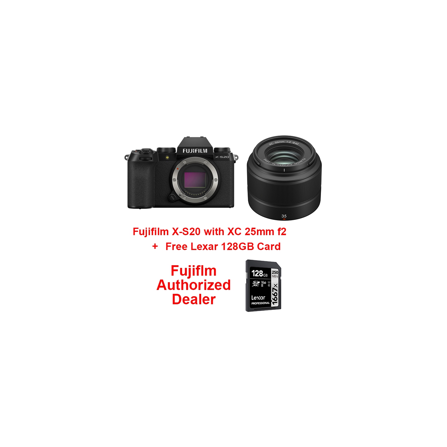 Fujifilm X-S20 Bundle Black Body with XC 35mm f2 + Lexar 128GB Card. Fujifilm Canada Authorized