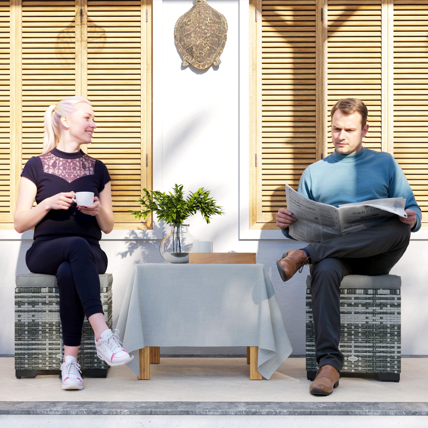 Outsunny Set of 2 Wicker Ottoman, Outdoor Footstool with Storage & Removable Cushions, Patio Ottoman Set for Poolside, Patio, Deck, Grey